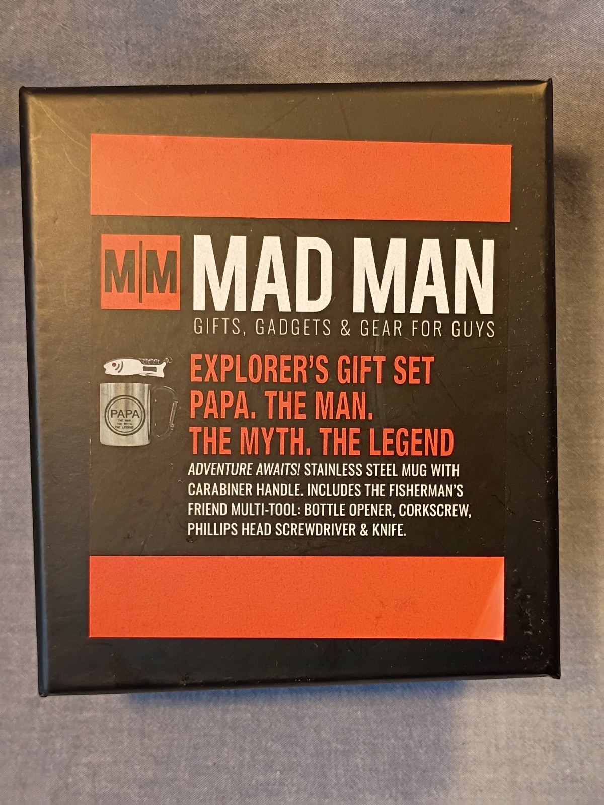 MAD MAN Explorers Gift Set “Papa ,the Man,the Myth” MUG ,CARBINER & MULTI-TOOL