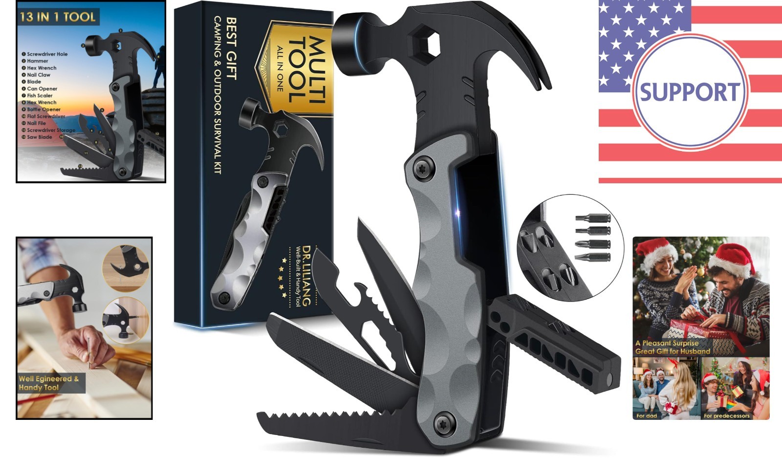 Durable Stainless Steel 13-in-1 Multitool Hammer – Ideal Camping Companion
