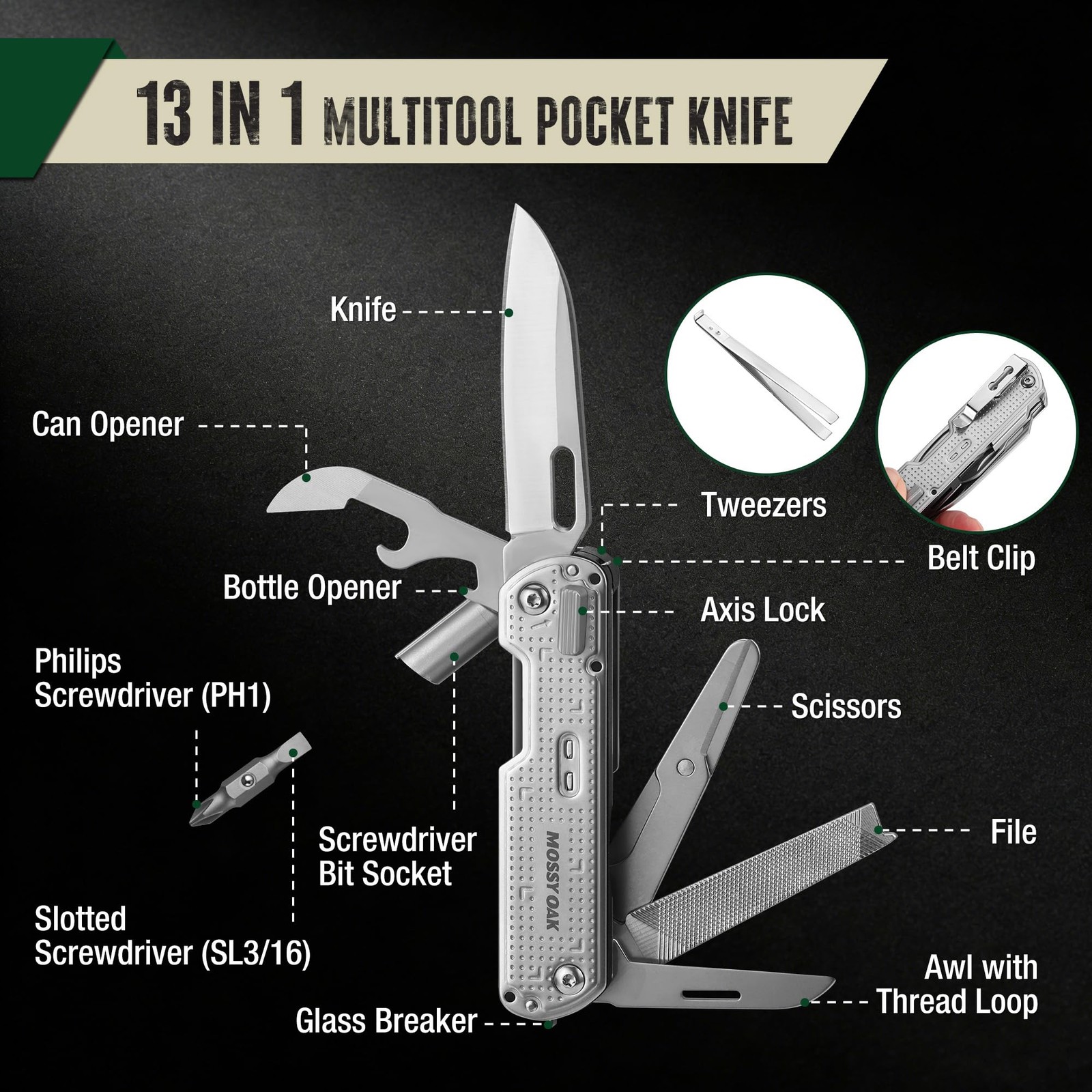 13-in-1 Multitool Pocket Knife, Razor-Sharp Stainless Steel Multitool Knife w…
