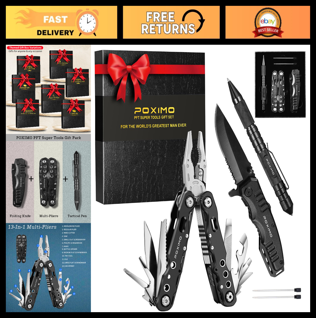 3-in-1 Multitool Gift Set for Men – 14-in-1 Multi-Pliers, Pocket Knife & Tactica