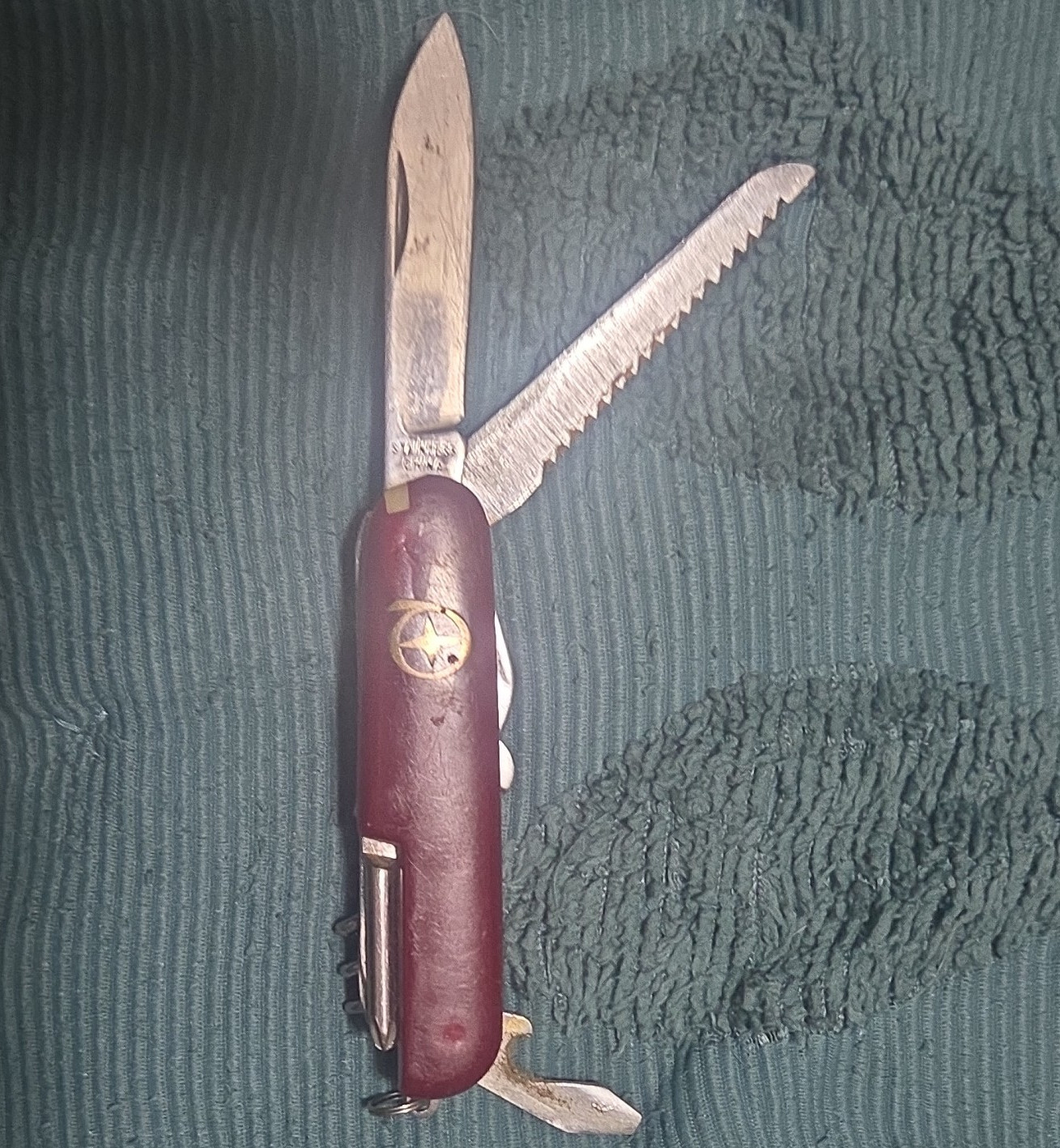 Red Multi-Tool Pocket Knife 4 Tools Saw Corkscrew 2.25in Stainless, Lanyard