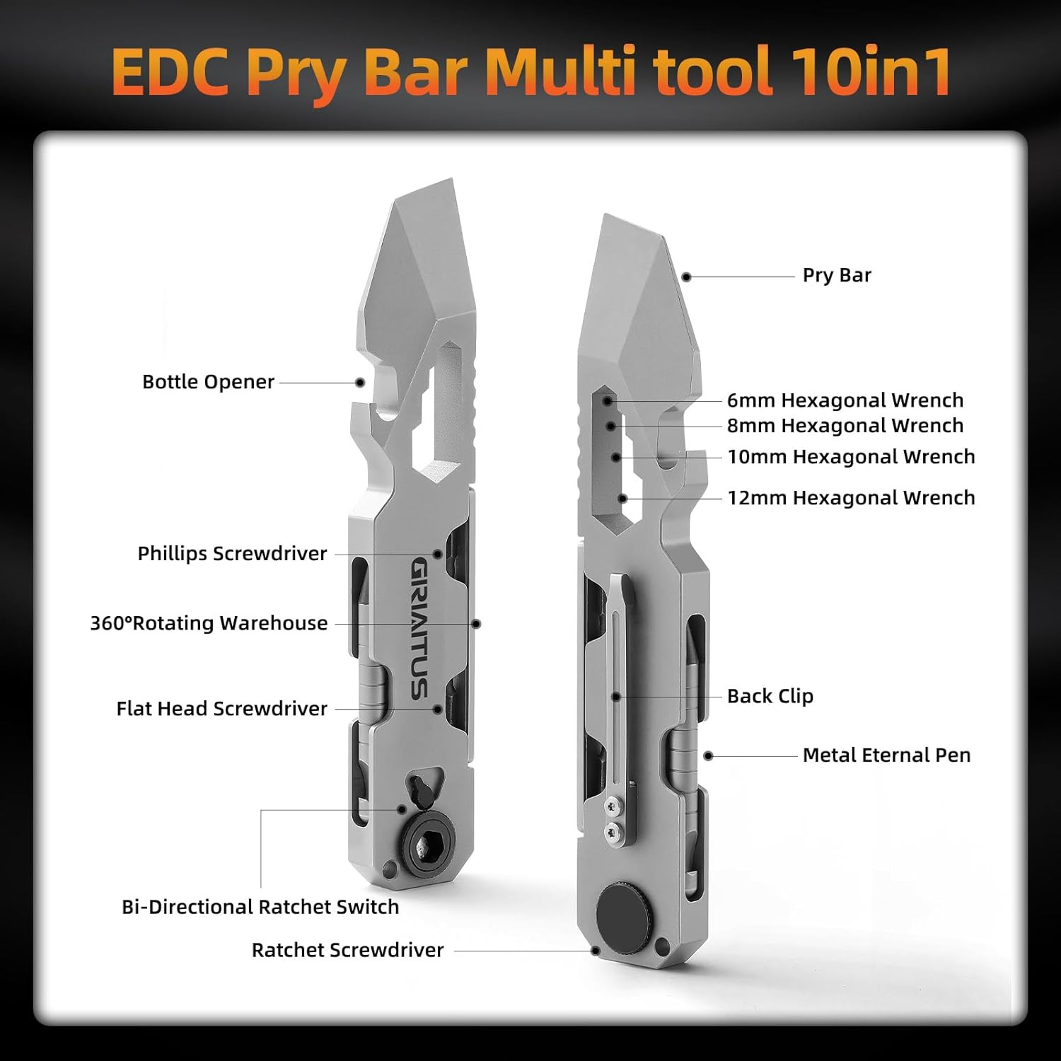 EDC Pry Bar Multitool with Bi-Directional Ratchet Screwdriver & Everlasting Pen,
