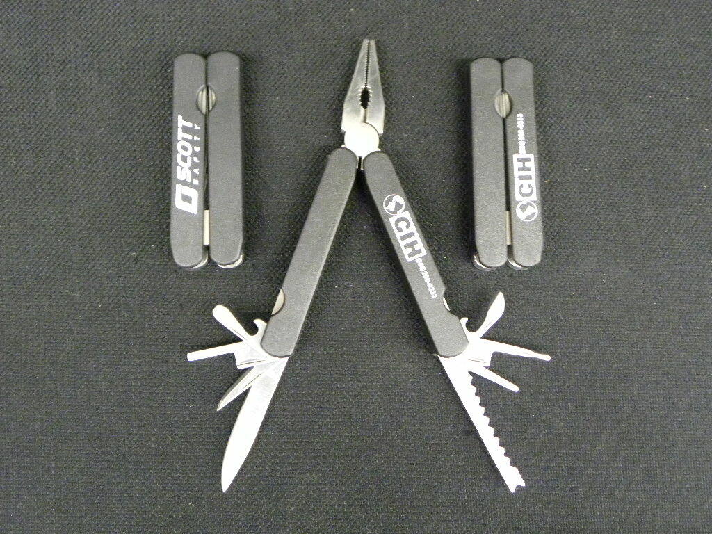Lot of 9 Small Multi-Purpose Tool, Pliers, Pocket Knife, Openers Pleather Case
