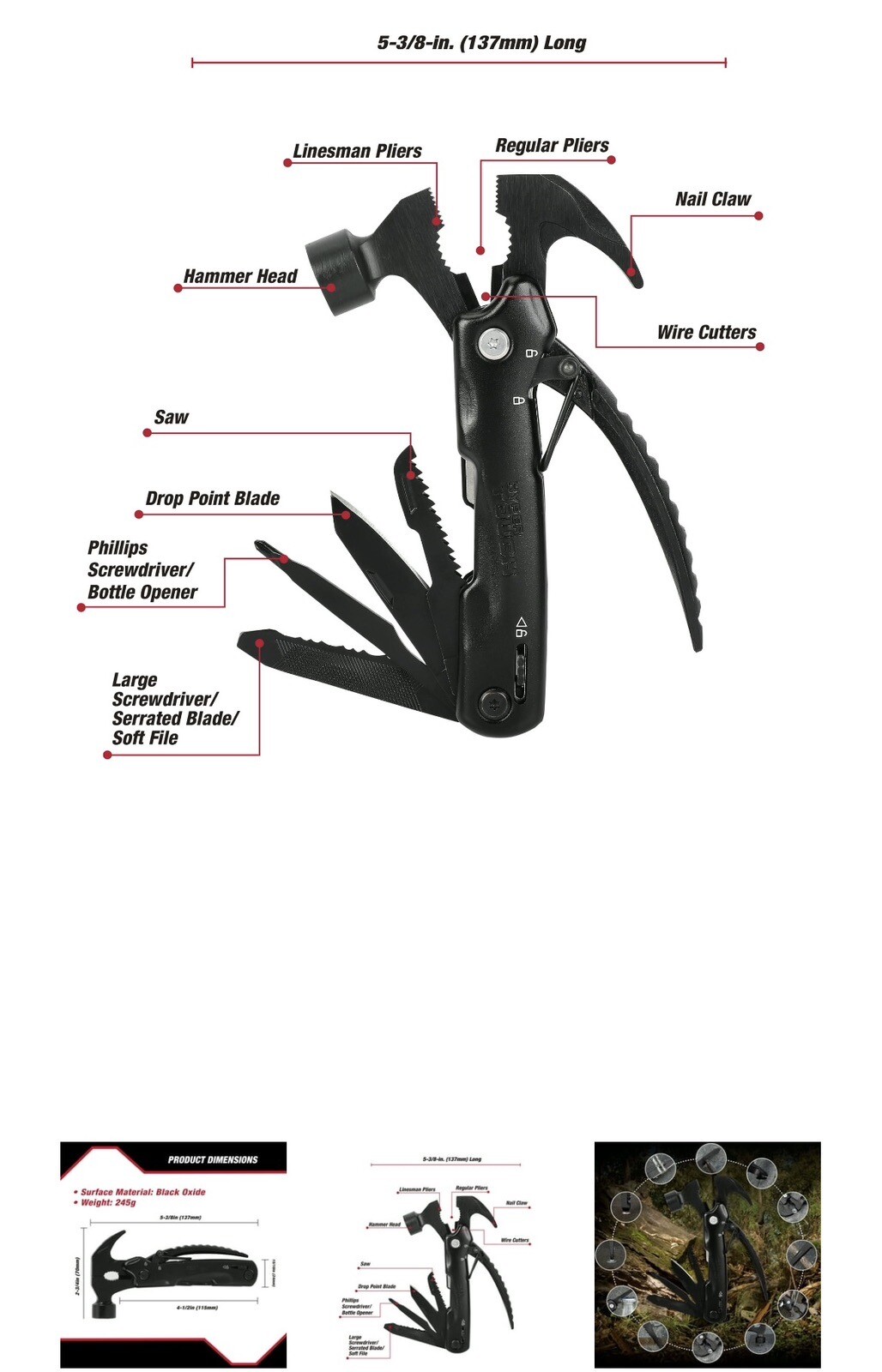 Hyper Tough 12-in-1 Hammer Multitool, Black, Holiday Gift, Model 42865
