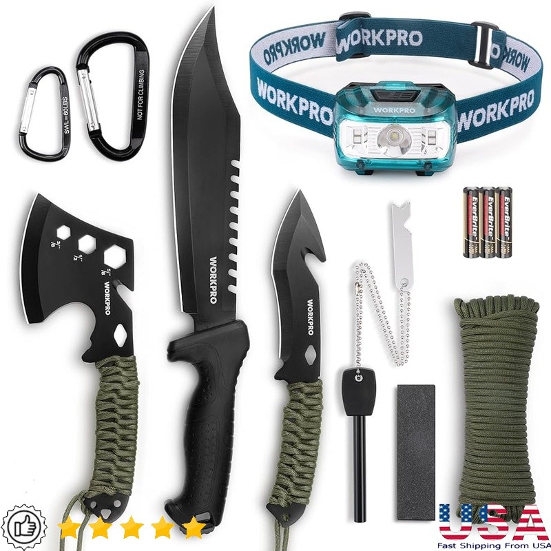9-Piece Camping Tool Set Hatchet Knife Machete Headlamp Paracord Survival Gear