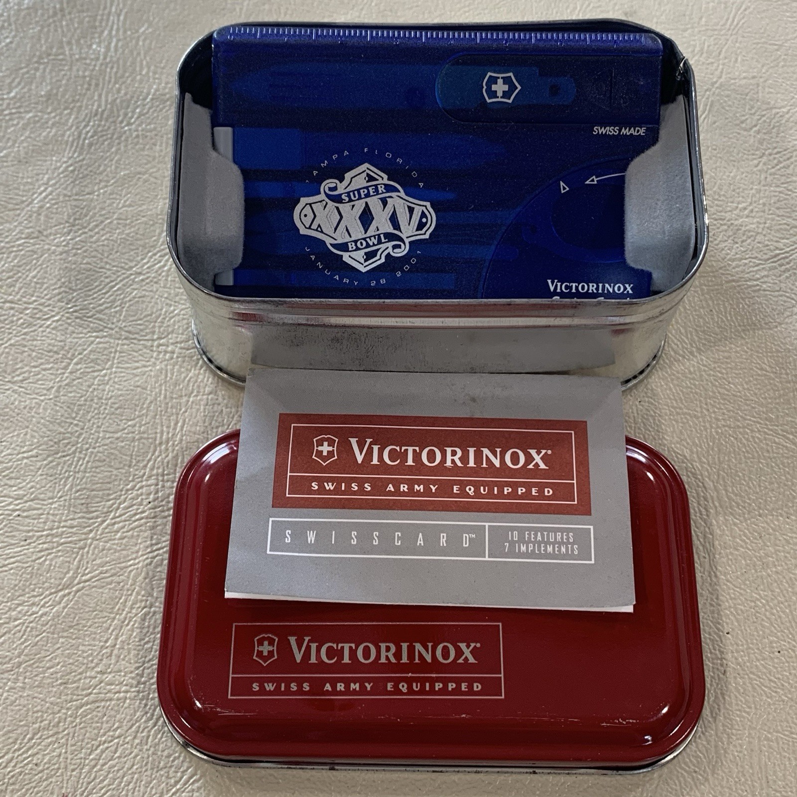 Victorinox Blue Swiss Card Wallet Multi Tool Tin Box Super Bowl 35 Tampa Fl 2001