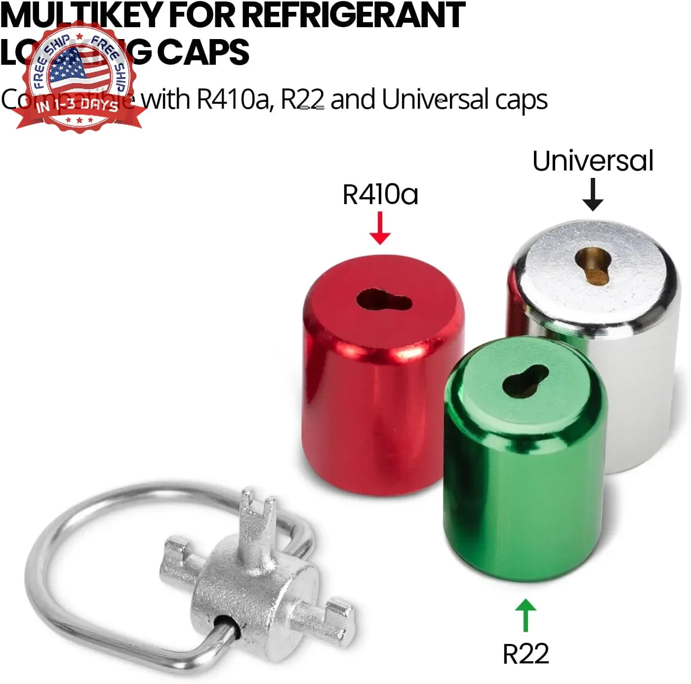 HVAC Tools, Locking Cap Key for Refrigerant Safety Caps, Universal Triple Use Mu