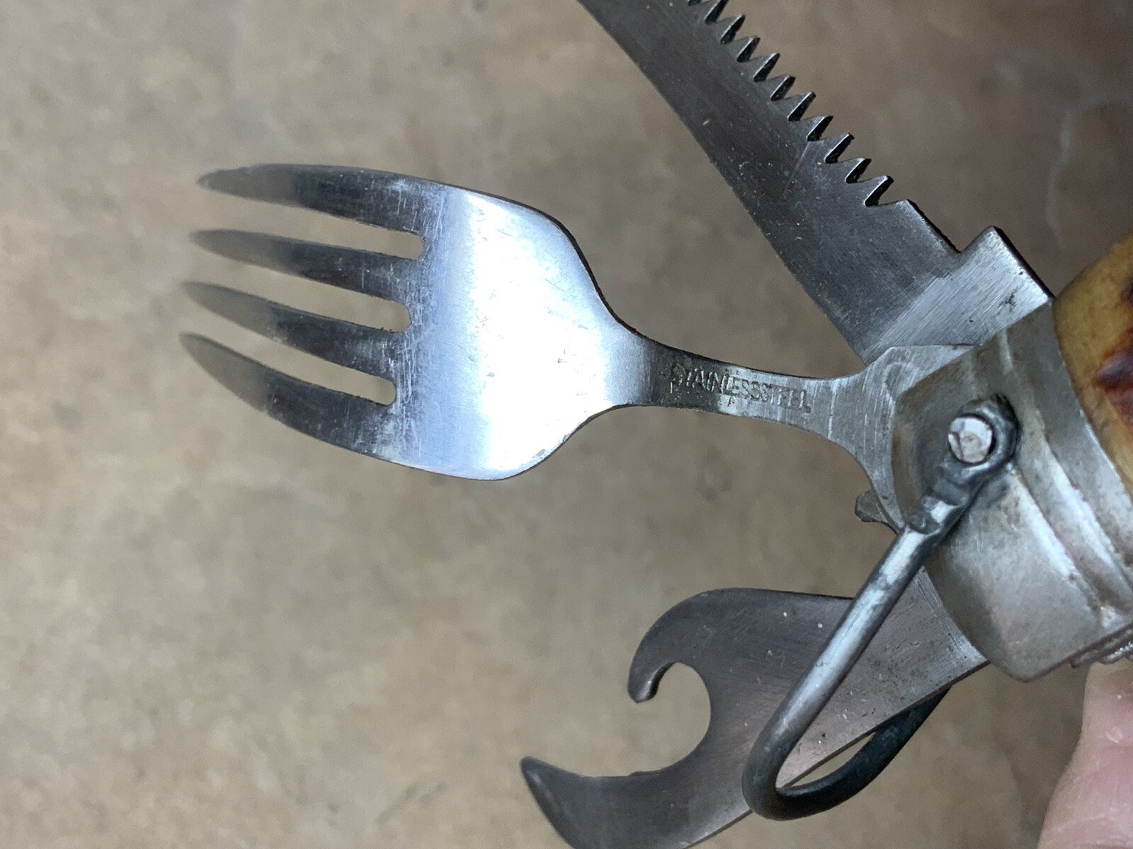 Vtg Camp Multi Tool 11 Gadgets Full Size Spoon Fork Saw Knife Open Hi Test Japan