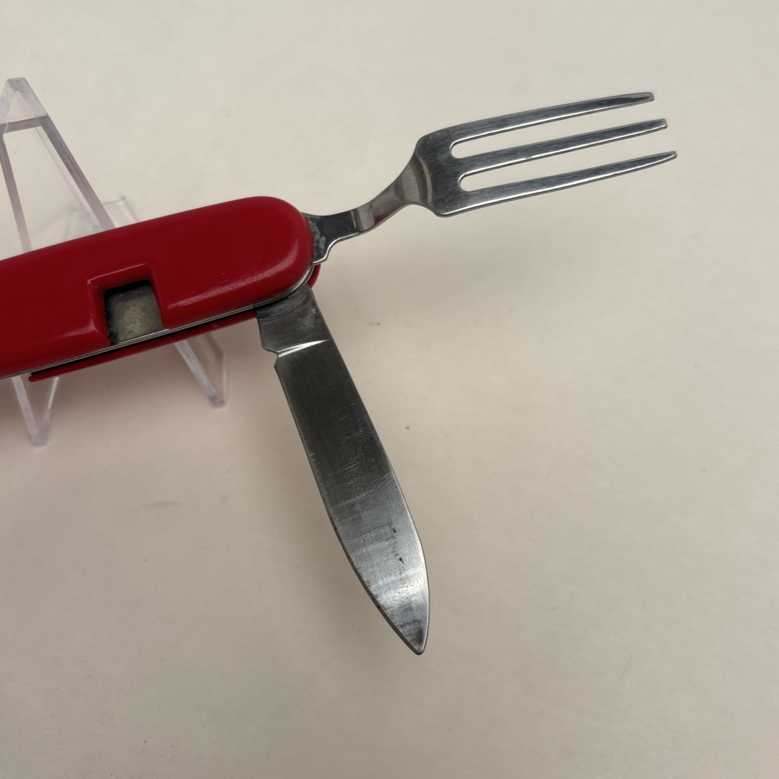 Vintage Red Camper 6 Tool Folding Knife Spoon Fork Can & Bottle Opener Hunt Camp