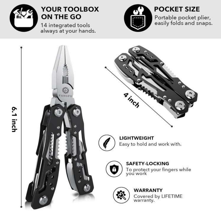 14in1 Multitool Pliers Stainless Steel Pocket Knife Safety Lock Camping
