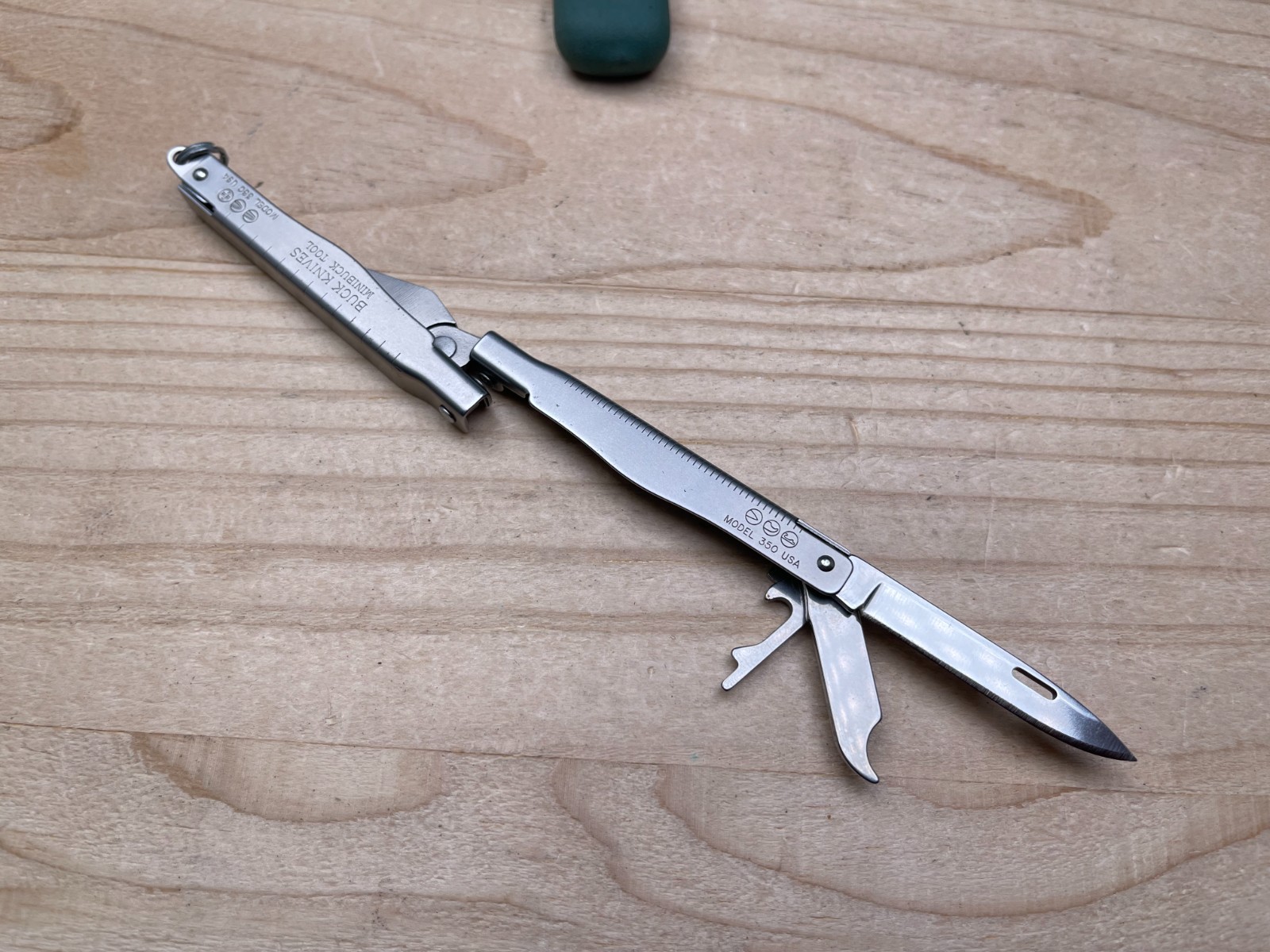 USA Buck Knives MiniBuck Tool Satin Model 350 with Green Rubber Pouch