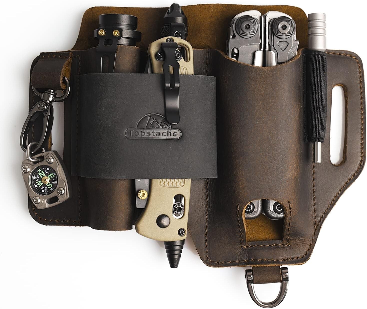Dark Brown Leather Multitool Sheath with 3 Pouches – Perfect EDC Organizer