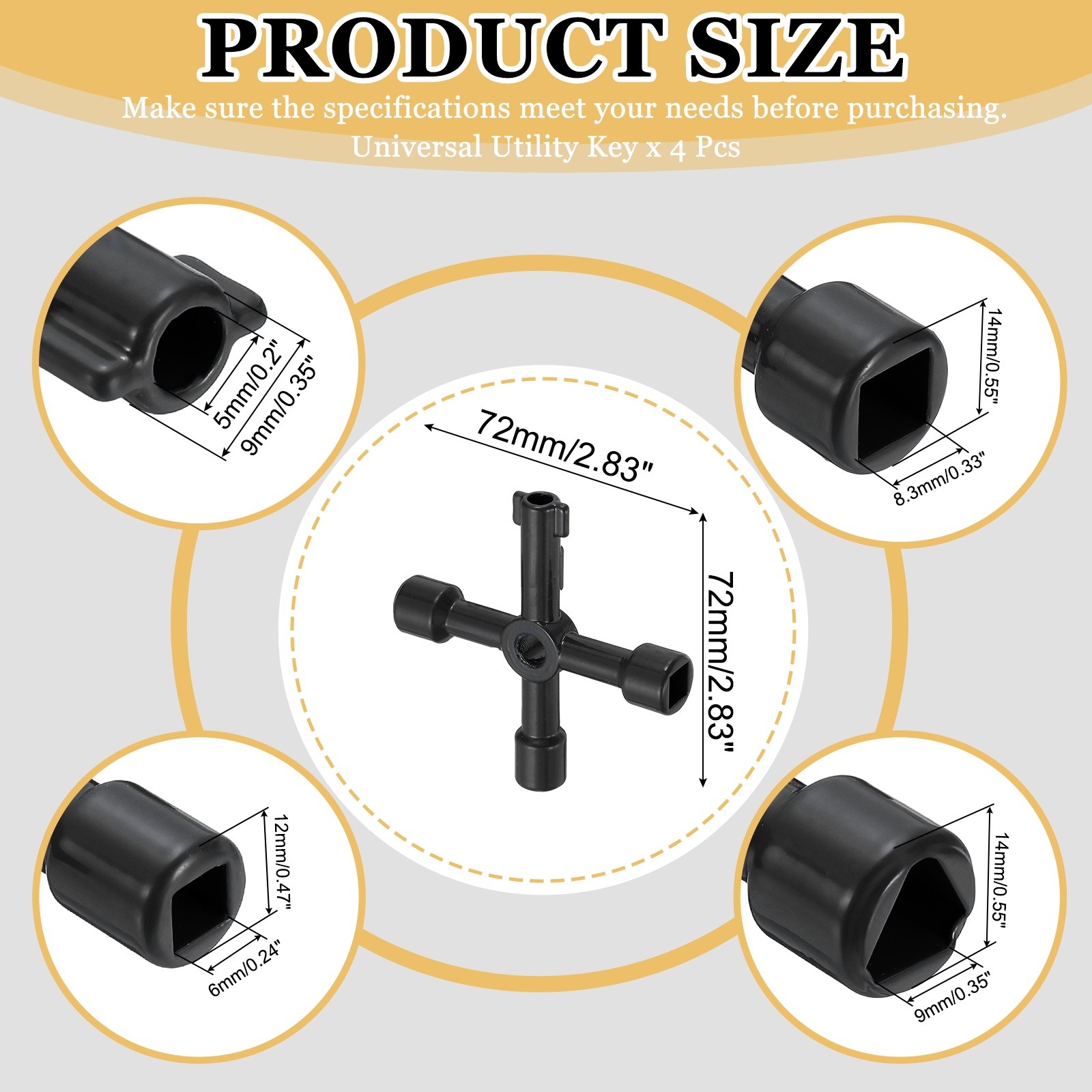 Pack of 4 Zinc Alloy 4 in 1 Universal Utility Key Black, Style A