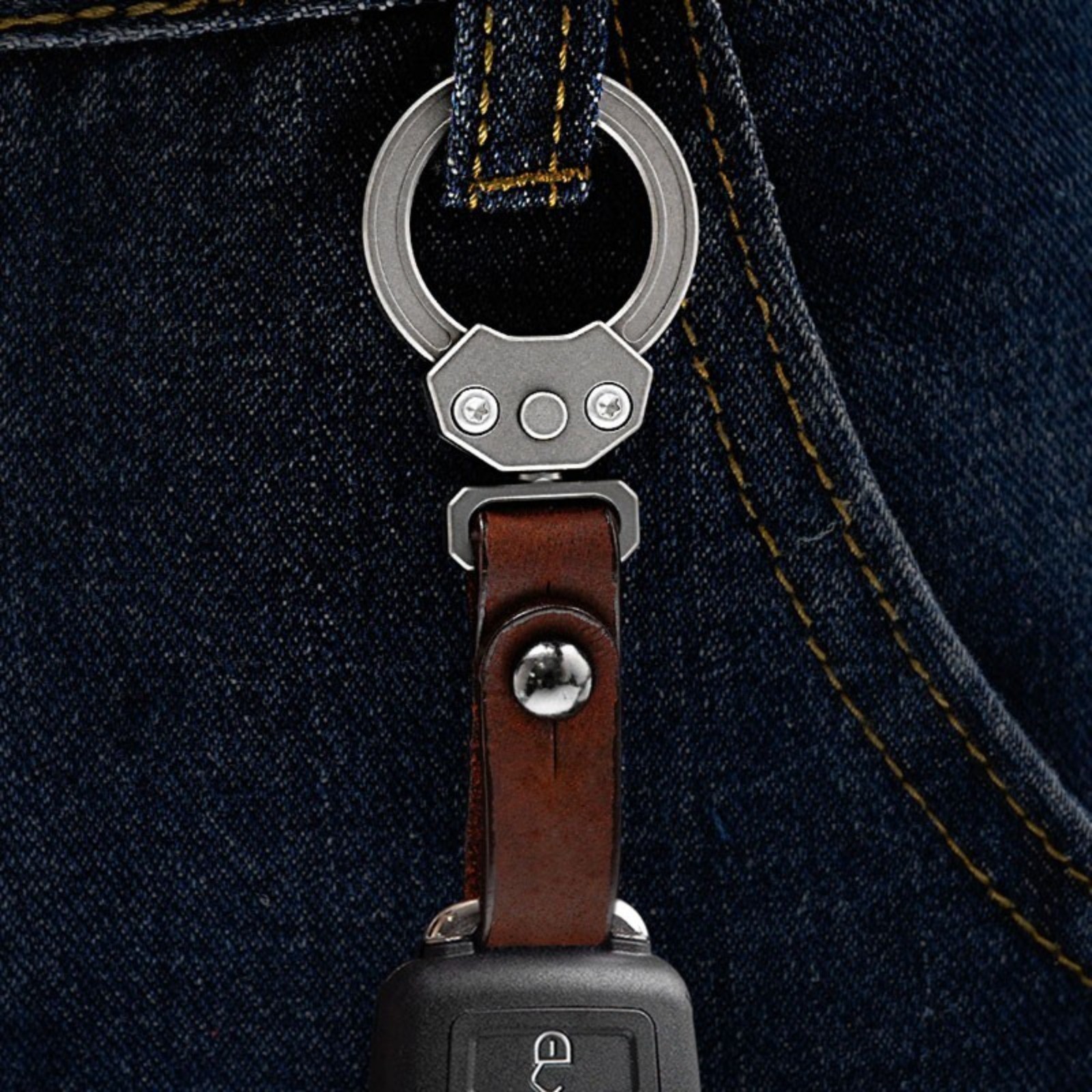 Titanium Alloy + Leather Portable Car Universal Keychain EDC Hanging Buckle Tool