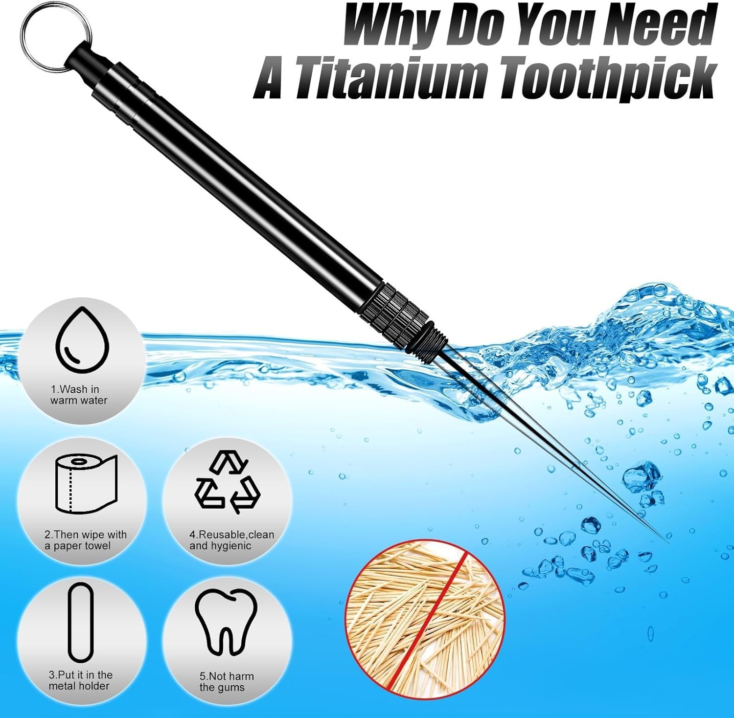 Metal Titanium Toothpicks, 8Pcs Silver Reusable Keychain Telescopic Toothpick