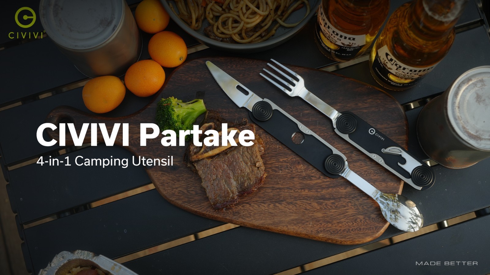 4-in-1 Camping Utensil Set – Stainless Steel Knife, Fork, Spoon & Bottle Opener