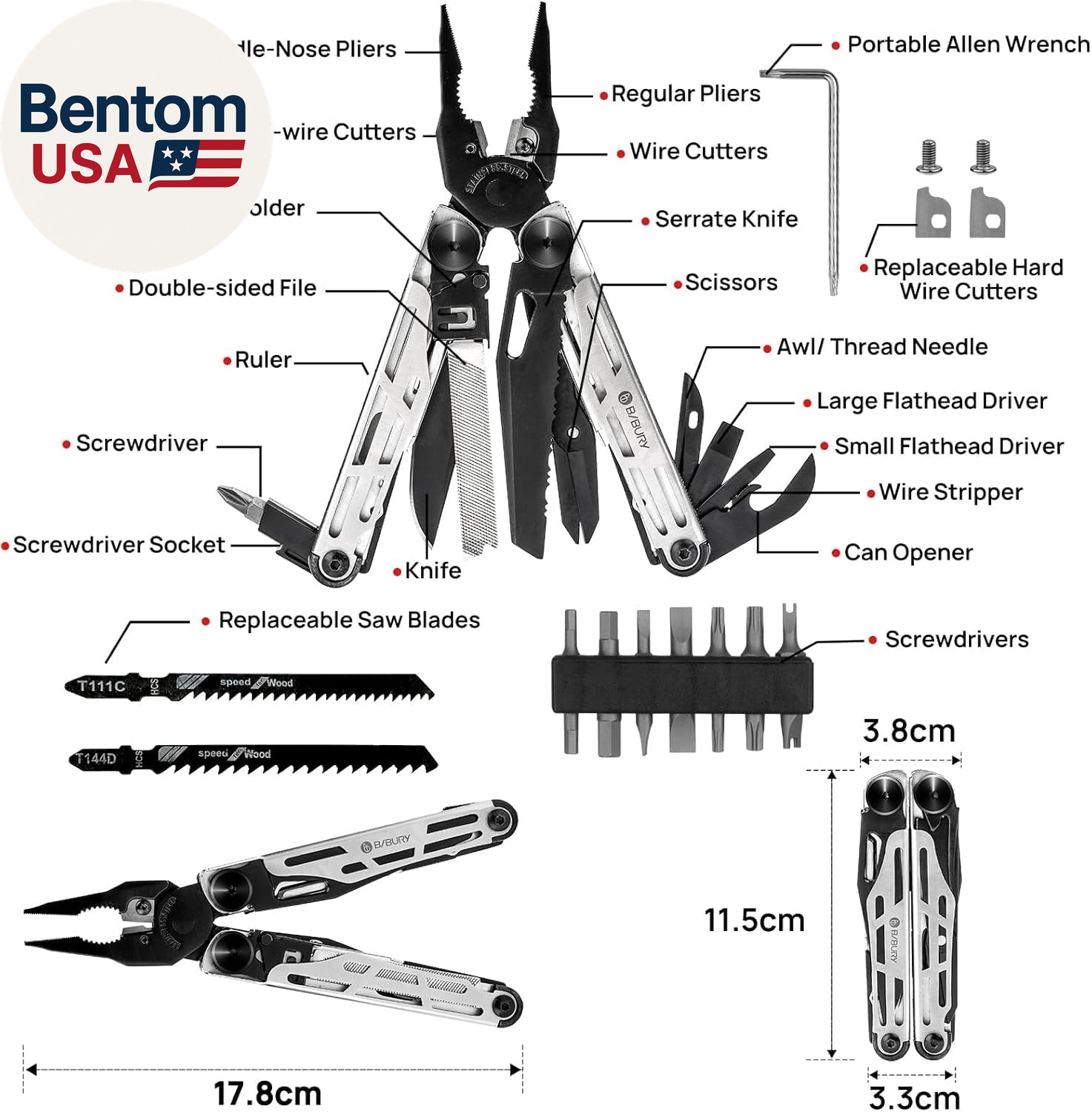 Multitool Pliers Pro BI2045, Stainless Steel 31-In-1 Multi Tool Pliers with Repl