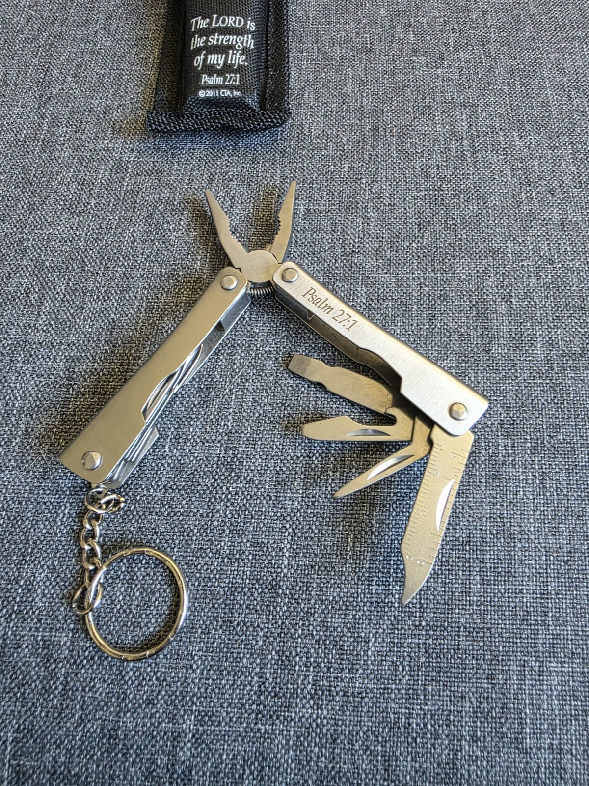 Psalm 27:1 9-in-1 Keychain Multi-Tool Pliers Knife Scissors w/ Sheath