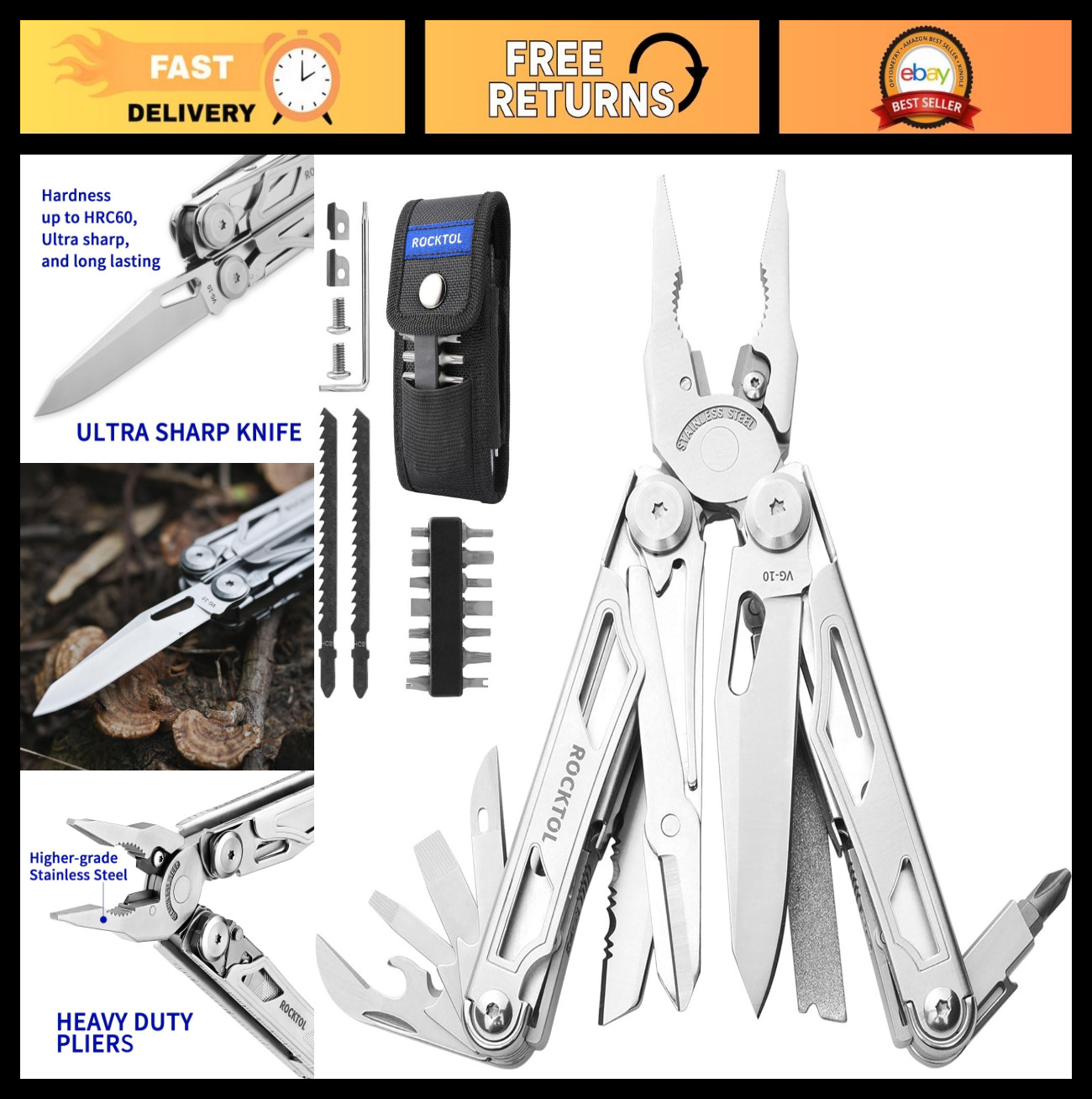 29-in-1 Heavy-Duty Multitool Pliers with VG10 Knife, Replaceable Wire Cutters, C