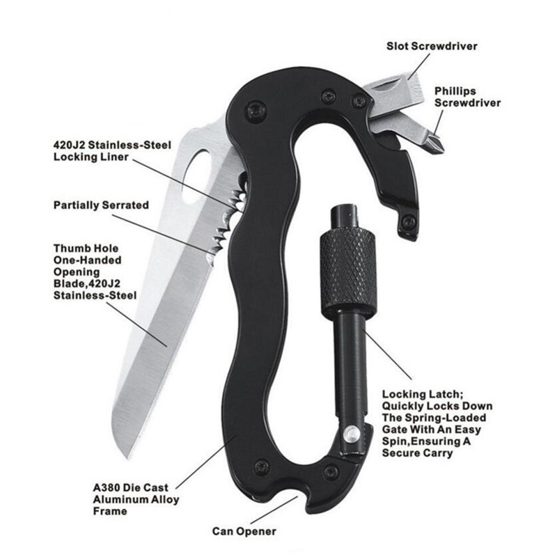 Aluminum Climbing Carabiner Hook Gear outdoor Survival Tools Black Multi 5 in 1