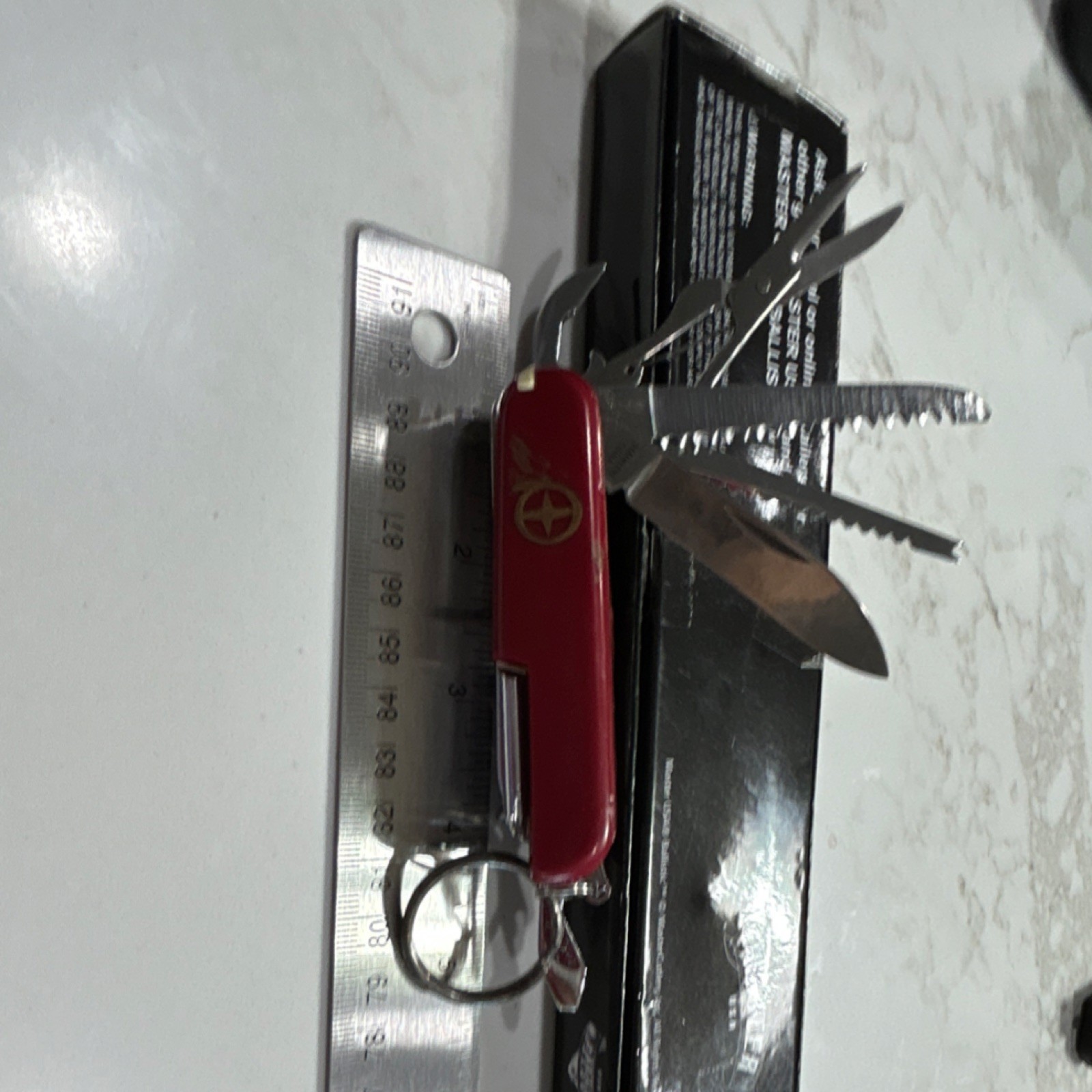 Red Multi-Tool with 7 Implements, Stainless Steel Blades, Key Ring Included