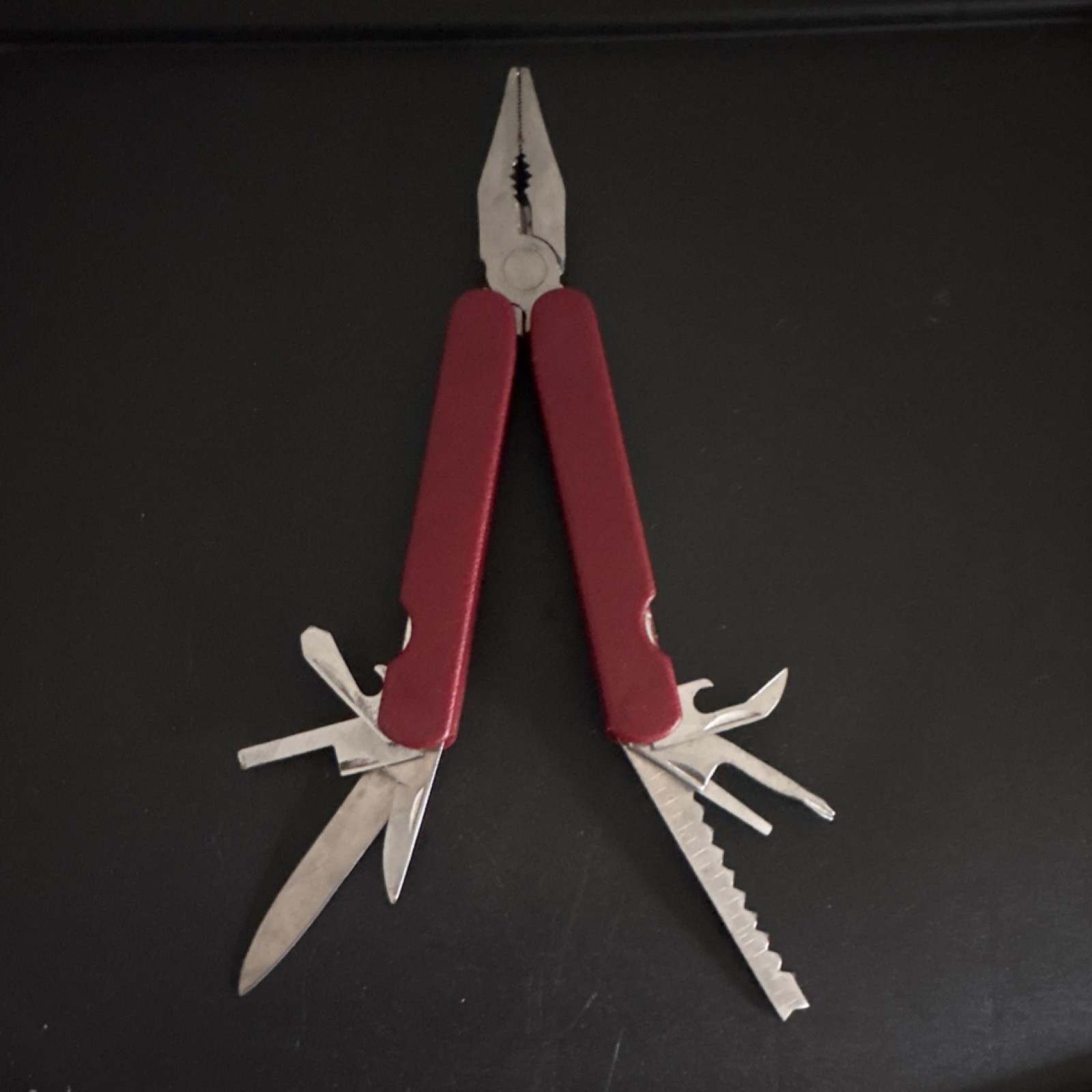 Red 8-in-1 Folding Pliers Multi-Tool w/ Knife Saw File Bottle Opener, 4in