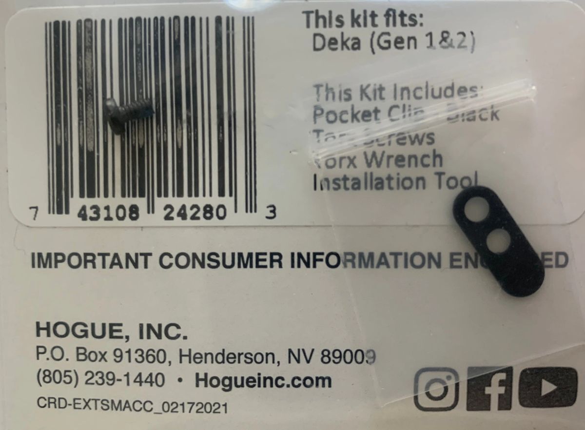 Hogue – Deka Knife Pocket Clip & Torx Screw Kit – Black Finish 24280