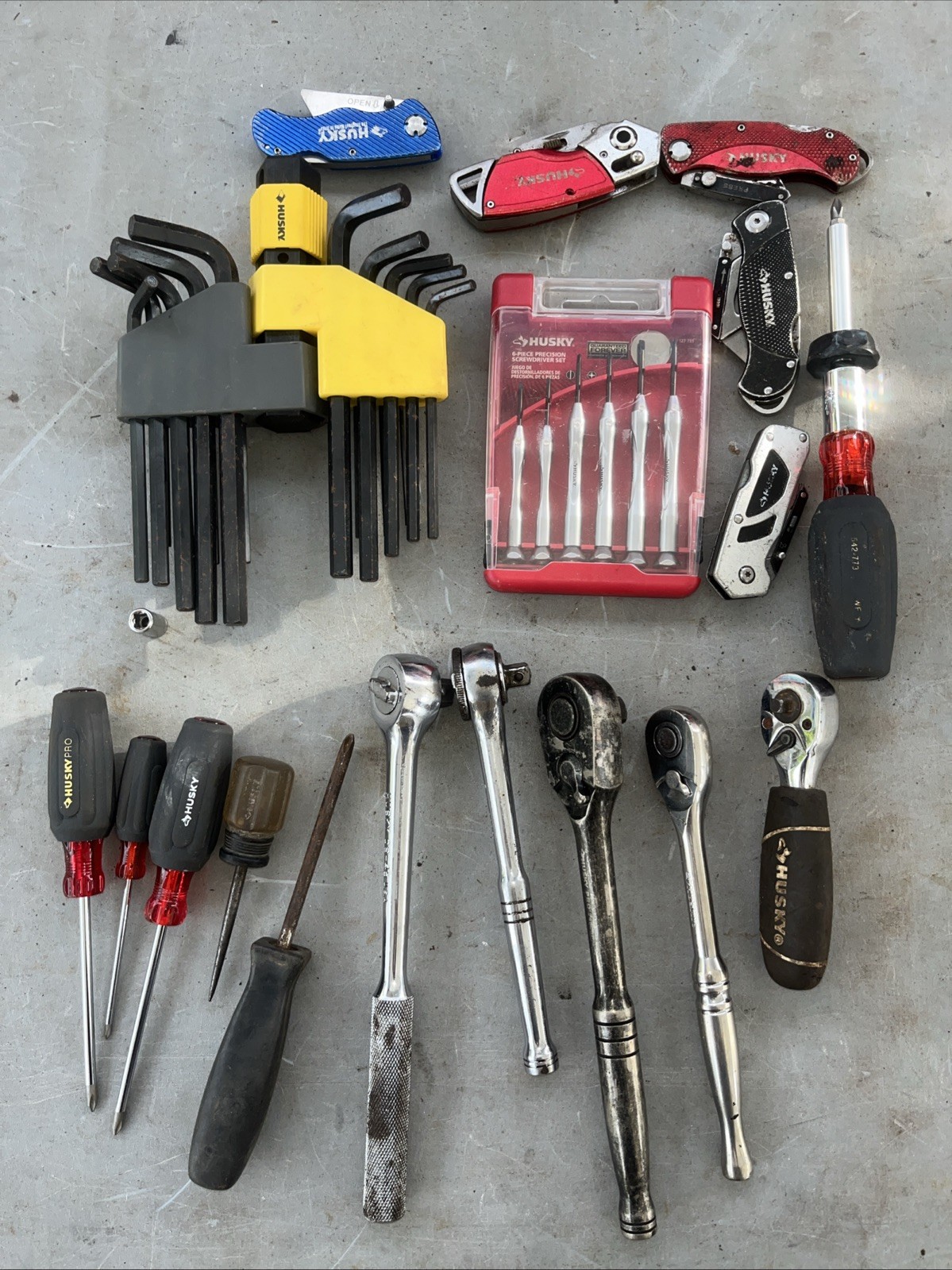 Lot of 49 Hand Tools Husky Tool Company Ratchet Screwdriver Utility Knives Allen