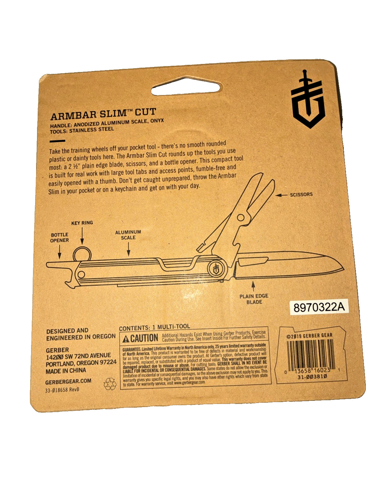 Gerber Armbar Slim Cut Multi Tool Onyx Knife Scissors Bottle Opener 31-003810