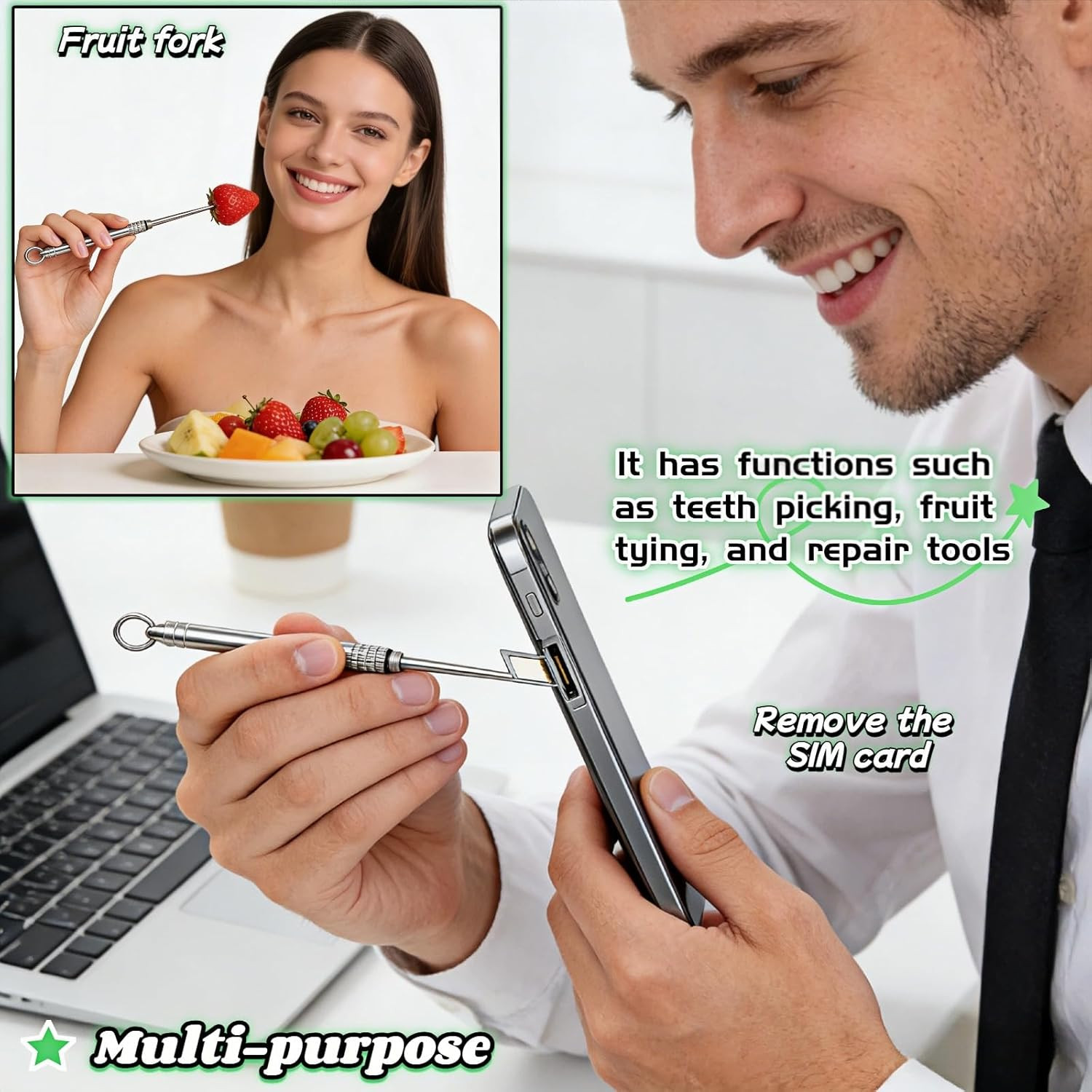 Portable Titanium Toothpick Multi-Functional Reusable Stainless Steel Silver