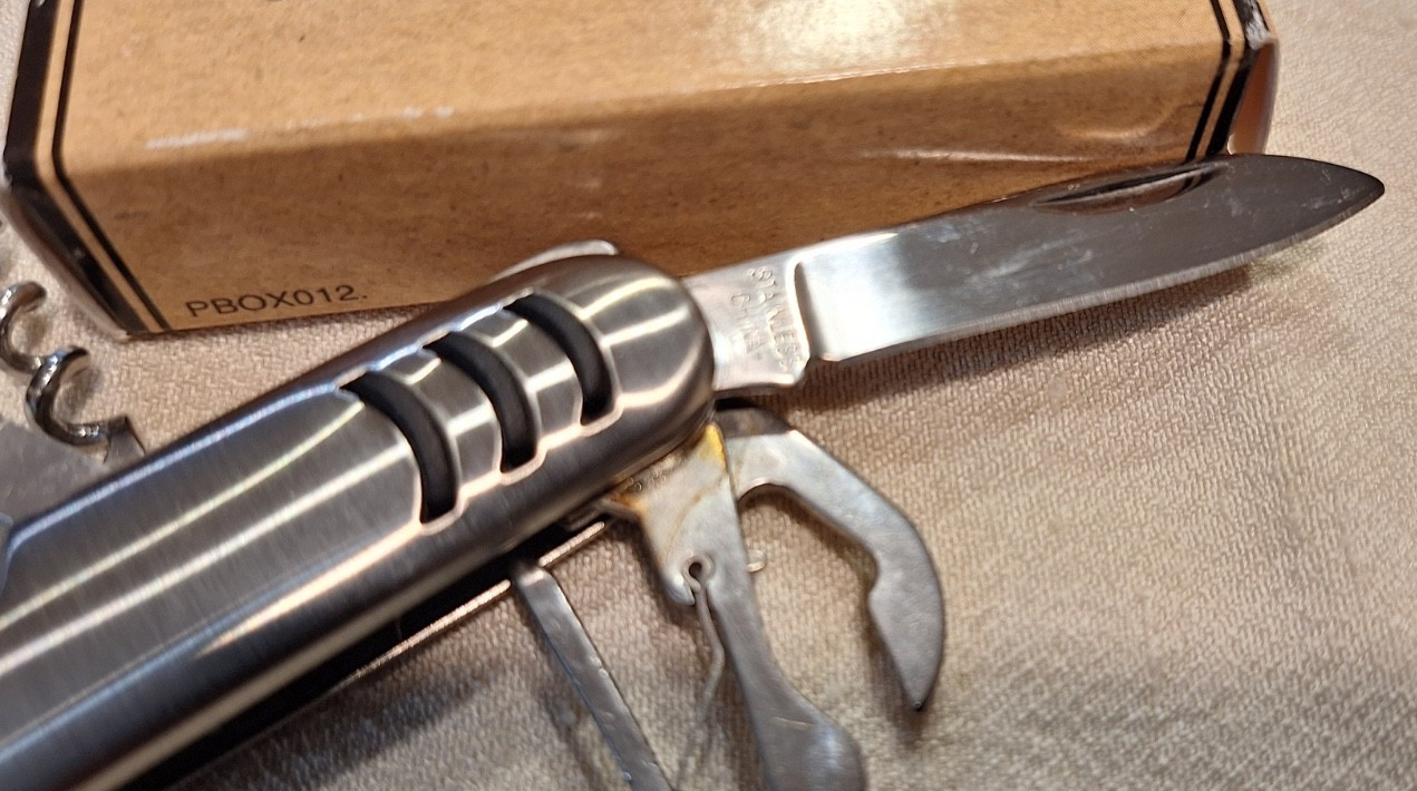 Myron Multi Tool Utility Pocket Knife 8 Tool Silver W/Advertising ANNIE OAKLEY