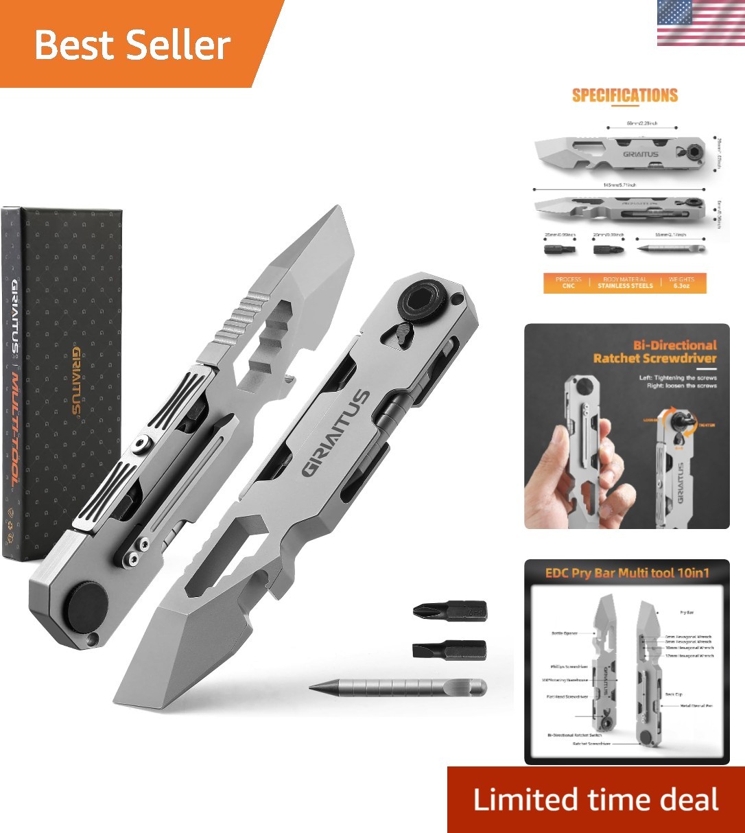EDC Pry Bar Multitool with Bi-Directional Ratchet Screwdriver & Everlasting P…