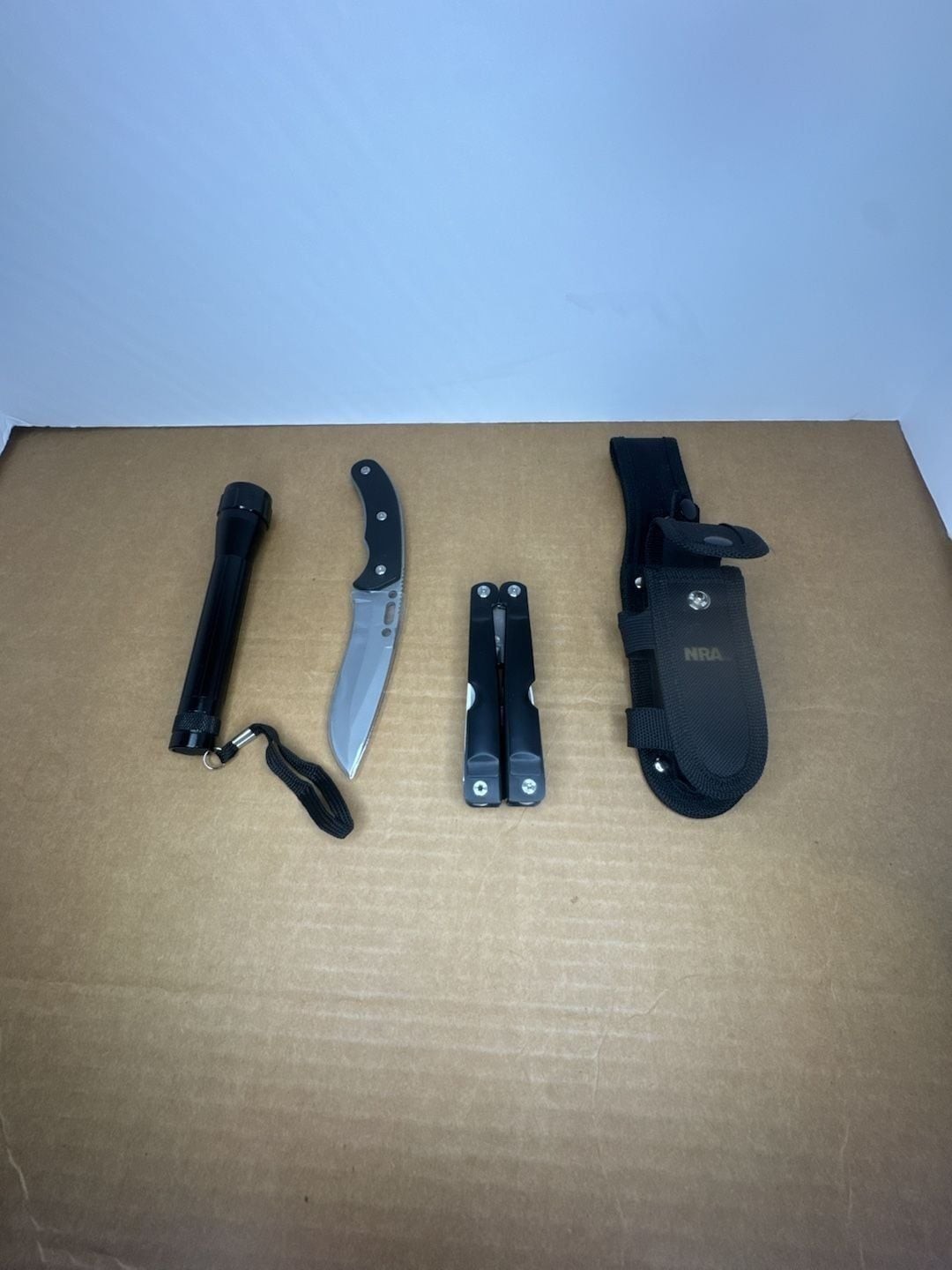 NRA 3-Piece Multi-Tool Knife and Flashlight Set with Nylon Belt Sheath