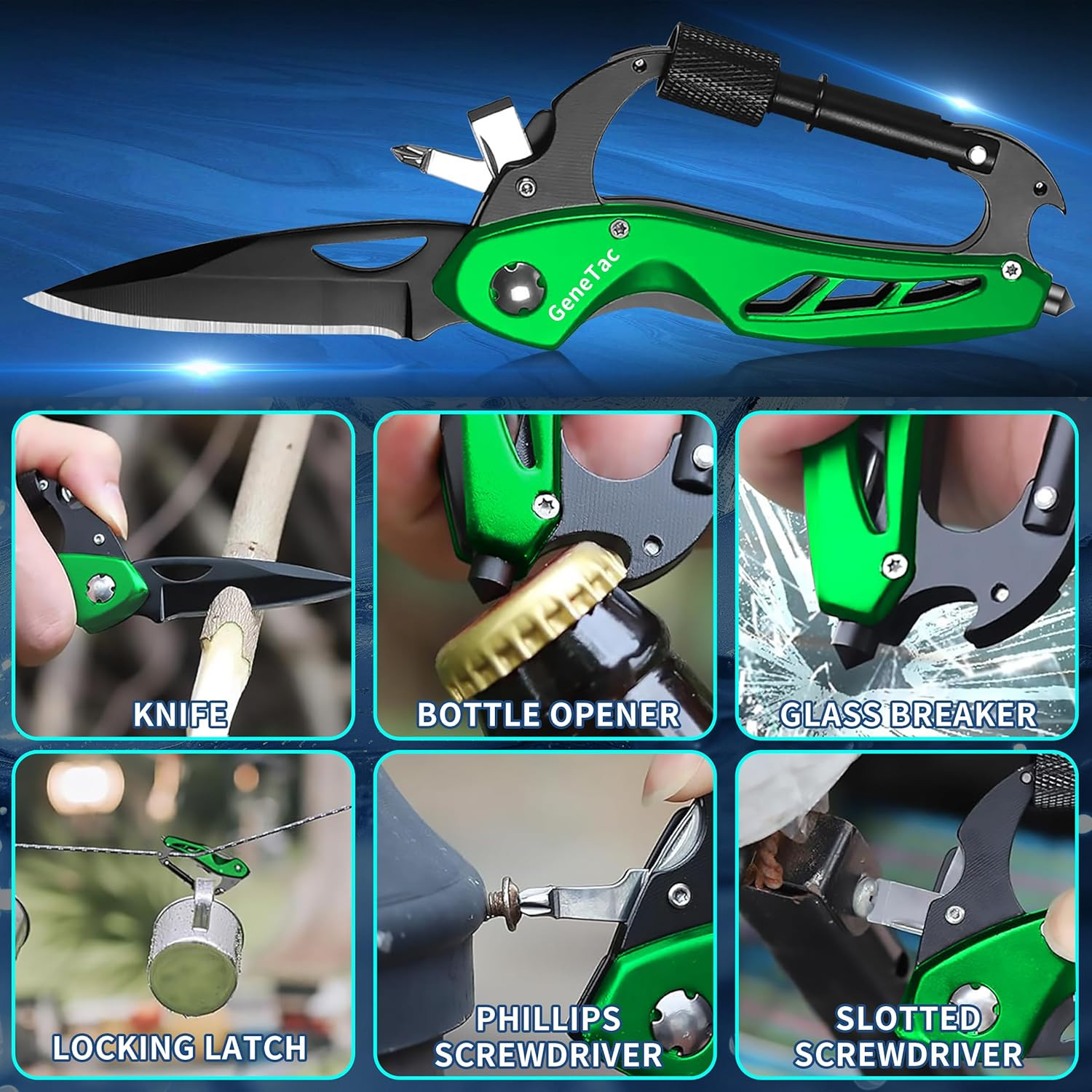 Multi-Tool Carabiner with Pocket Knife, Bottle Opener, Window Breaker, Screwdriv