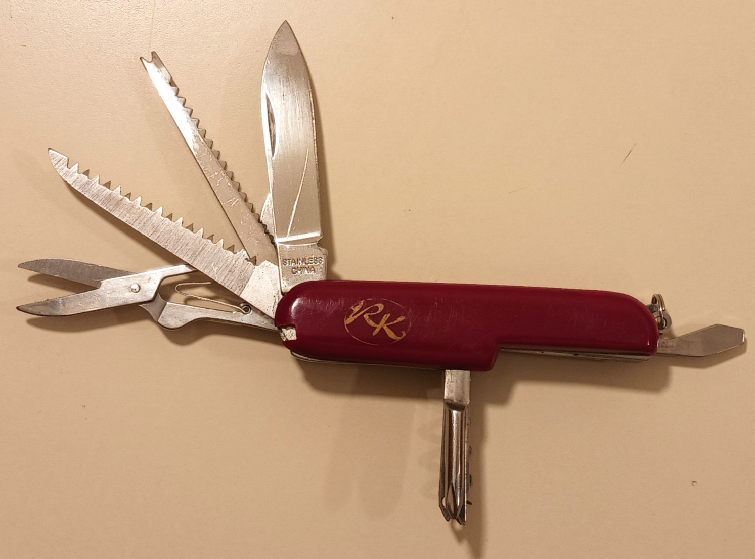 RK Logo Pocket Knife Multi-tool Stainless Steel Red Handle Camping Utility EDC