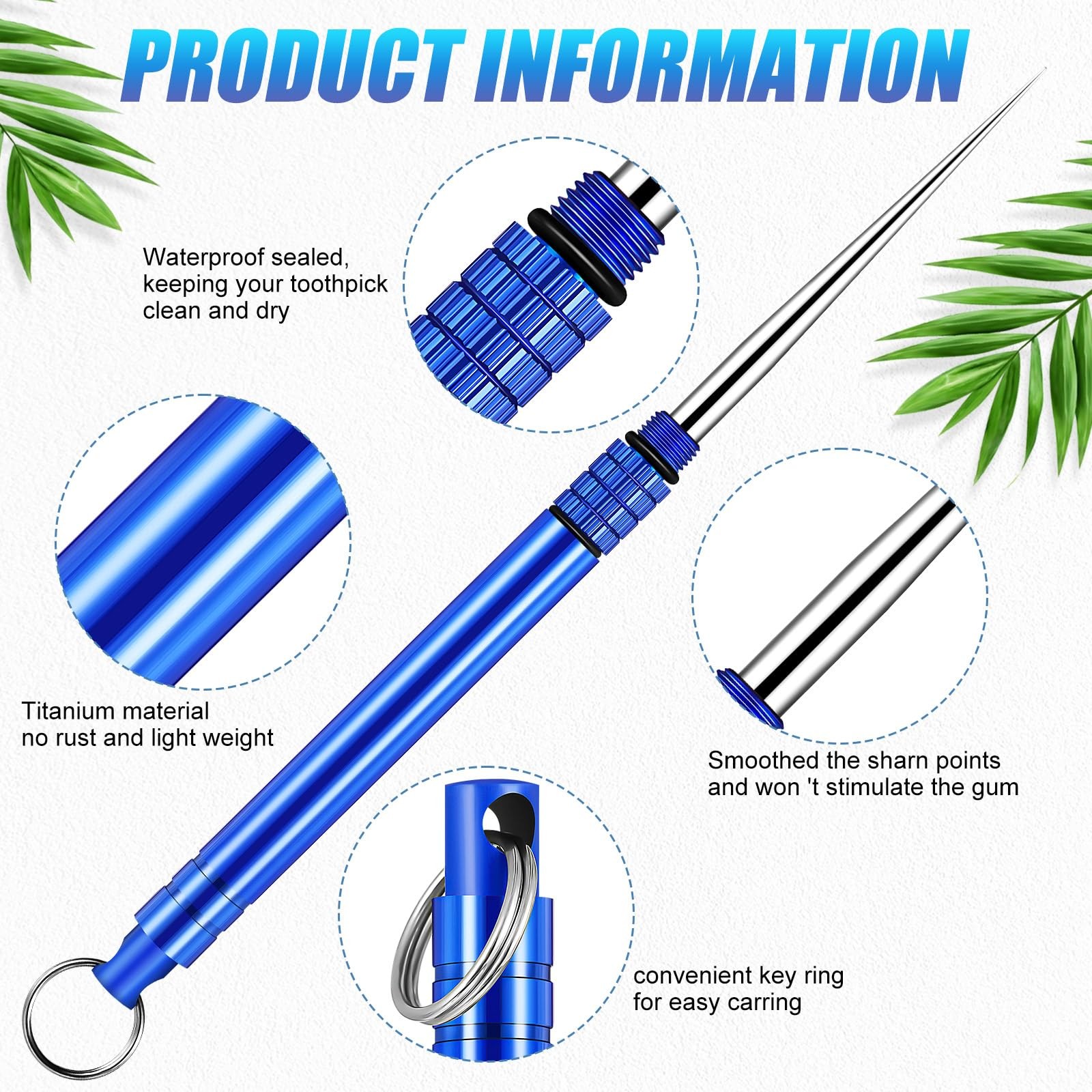 Metal Titanium Toothpicks, 8Pcs Blue Reusable Keychain Telescopic Toothpick with