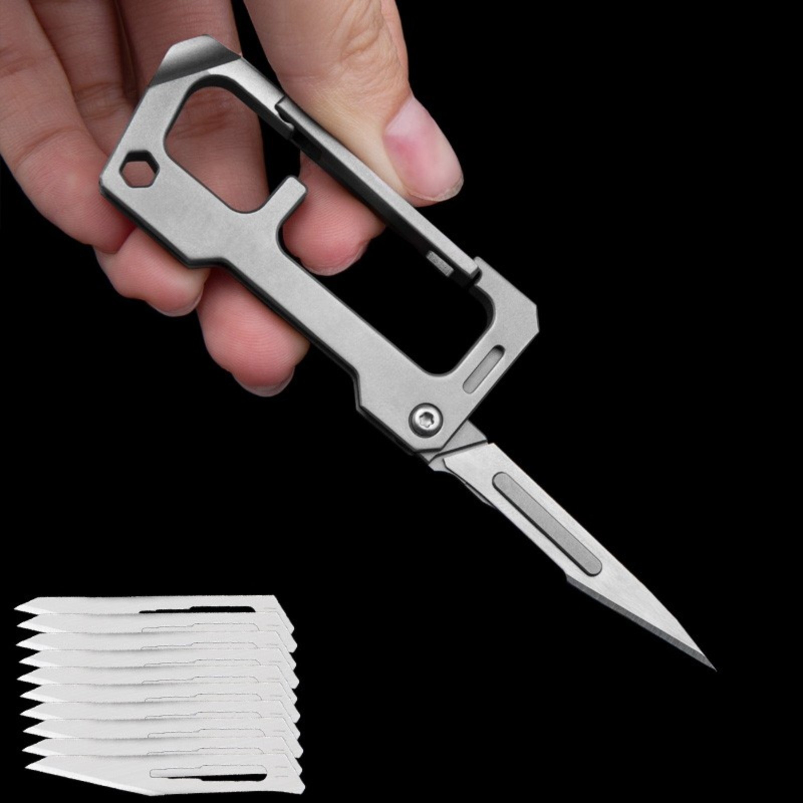 Titanium Multi Tools Keychain Carabiner Folding Utility Knife Scalpel Blade EDC