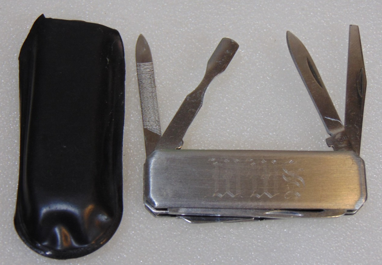Personalized Vintage Multi Tool Pocket Knife WWS Initials Sheath Folding Scissor