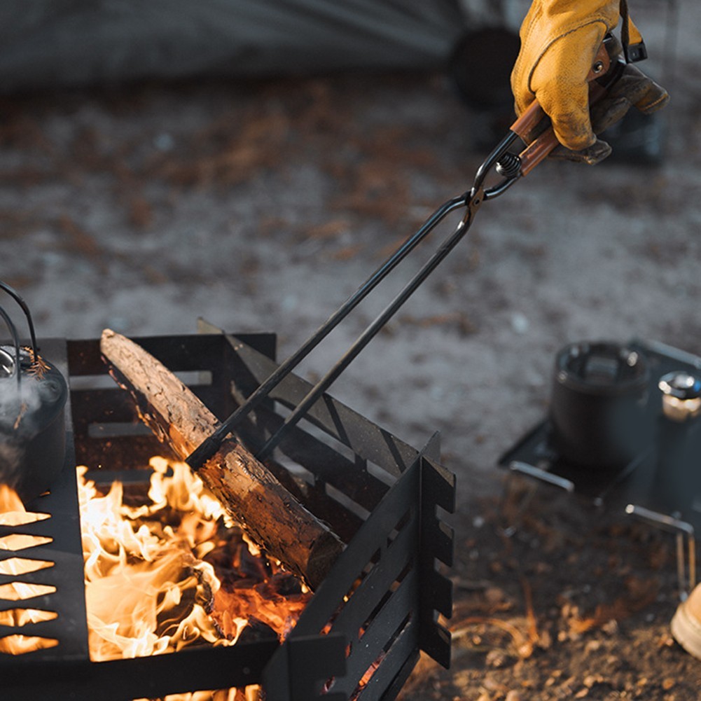 High Strength Fire Tongs for Campsite Cooking with Leather Wrapped Handle