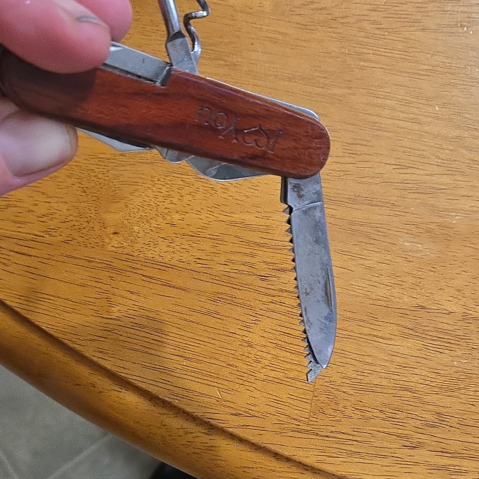 Wood Handle 5-in-1 Multi-Tool Pocket Knife Corkscrew File Lanyard Ring