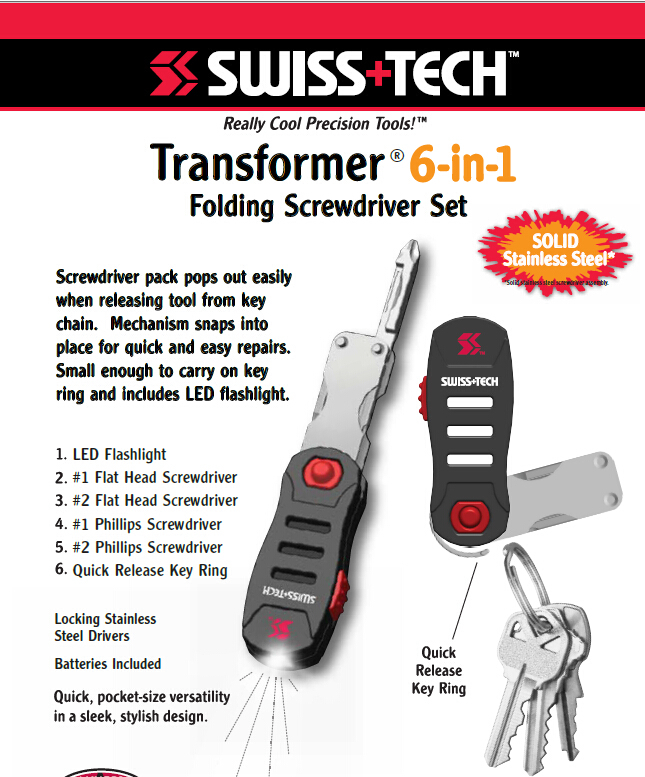 SWISS+TECH Transformer 6-in-1 Folding Screwdriver Set Tool LED Flashlight 11300
