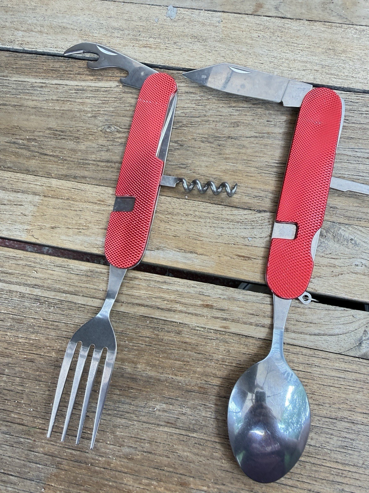 Lot of 2 Camping Utensil Multi-Tools Folding Spoon Fork Knife Corkscrew Hiking
