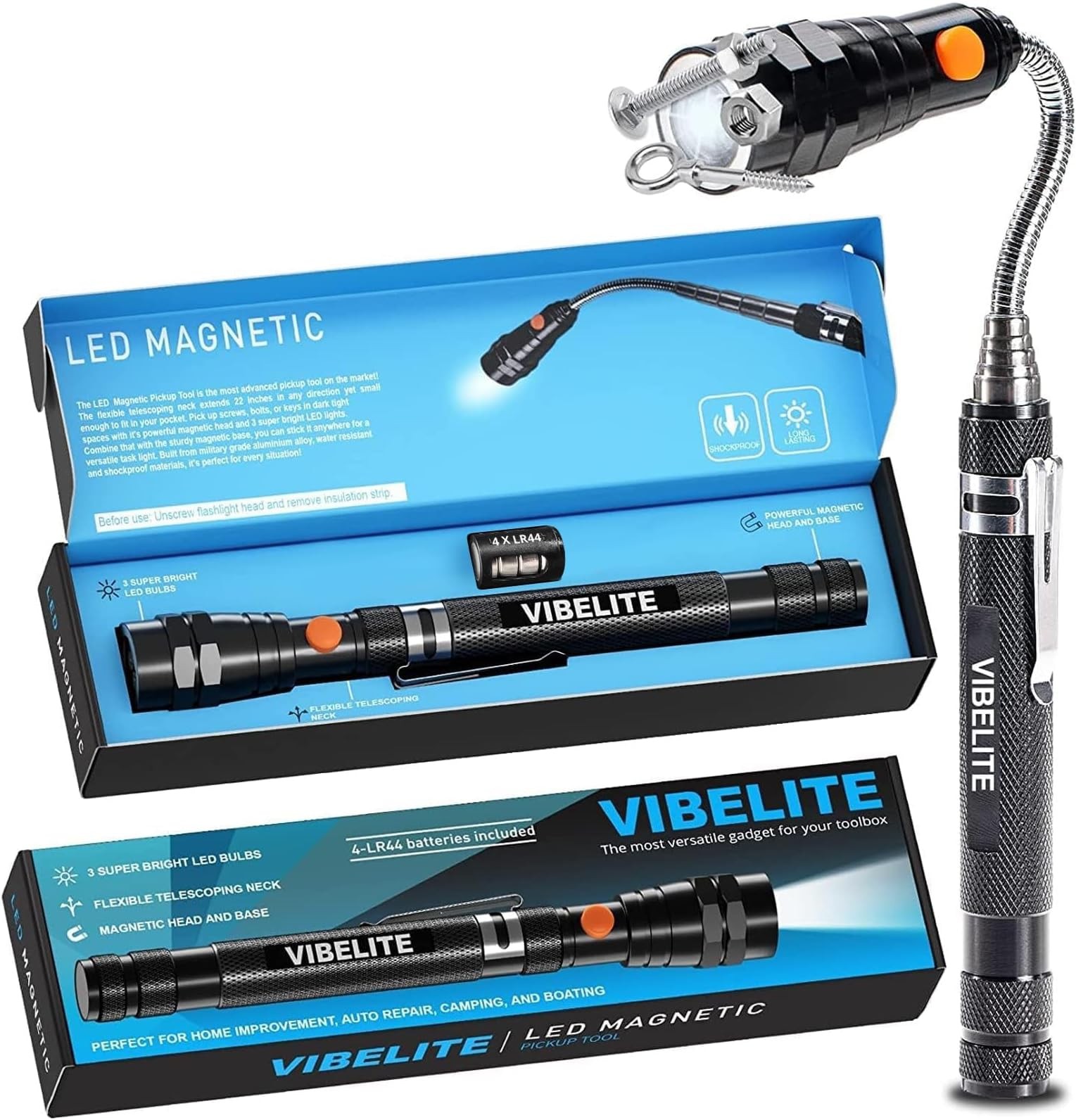 VIBELITE Extendable Magnetic Flashlight with Telescoping Magnet Pickup Tool-F…