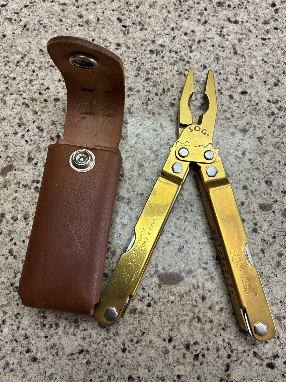 VINTAGE ORIGINAL SOG Power Plier Multi-Tool TiNi Gold w/ Leather Sheath NIB