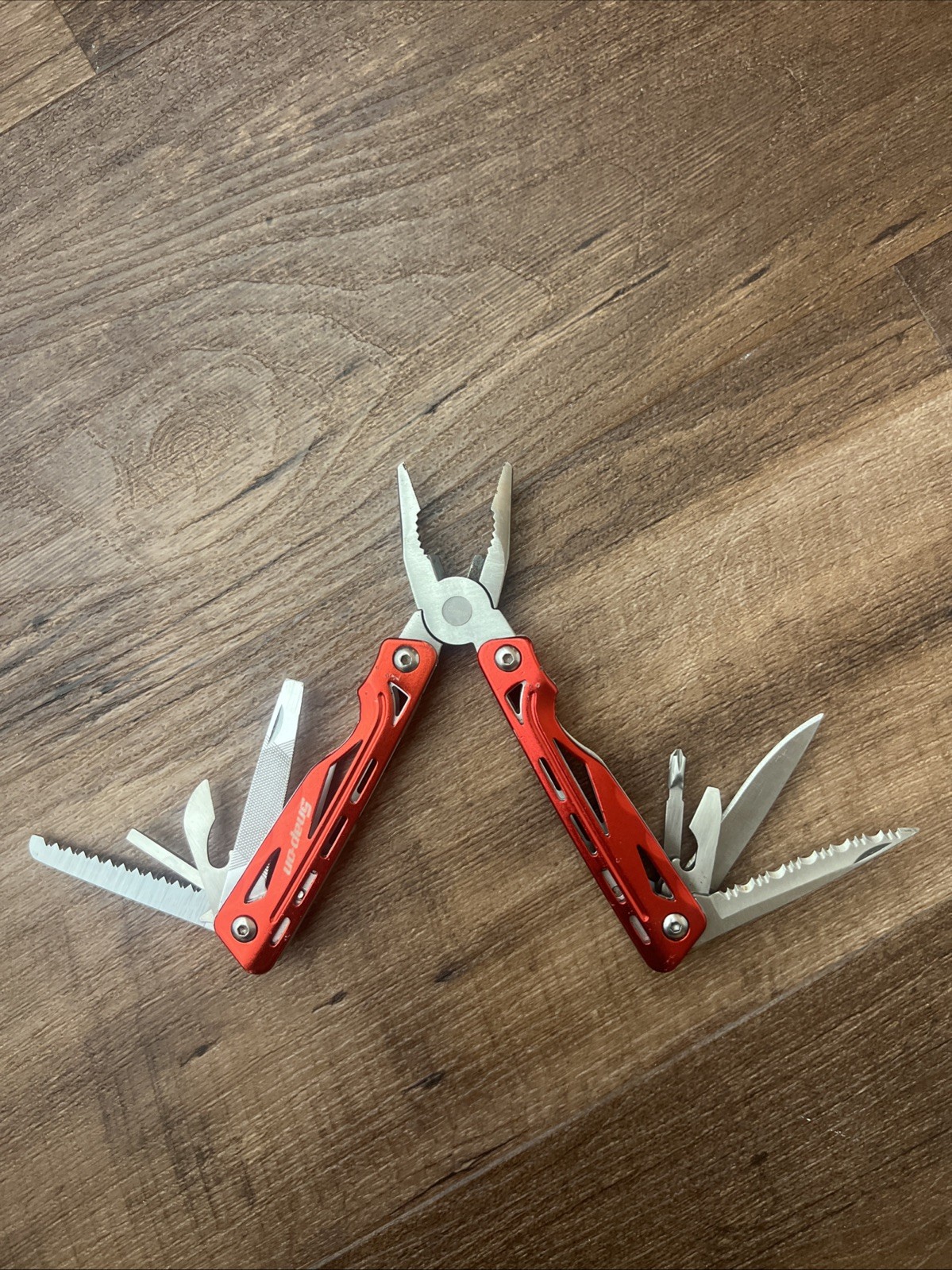 🌟Snap-on Red Stainless Steel 4″ Multi-Tool Pliers, Knife, File, & Sheath, NICE!