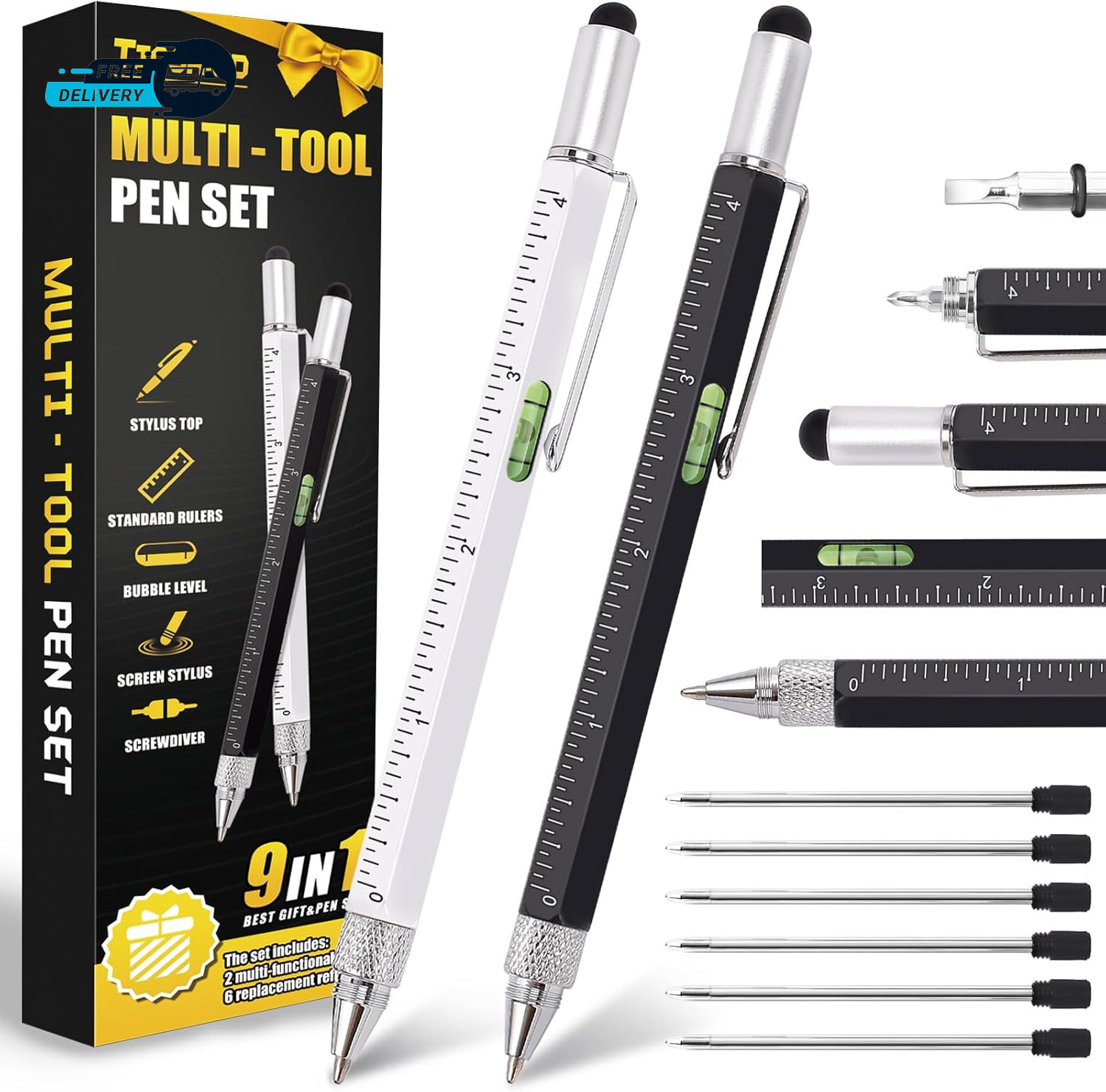Stocking Stuffers for Men 9 in 1 Metal Multitool Pen 2Pcs and Refill