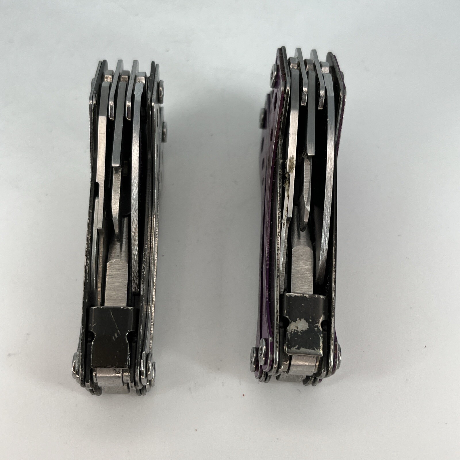 LOT OF 2 Cabela’s PURPLE & SILVER Mini MultiTool Spring Open Pliers Scissors Saw