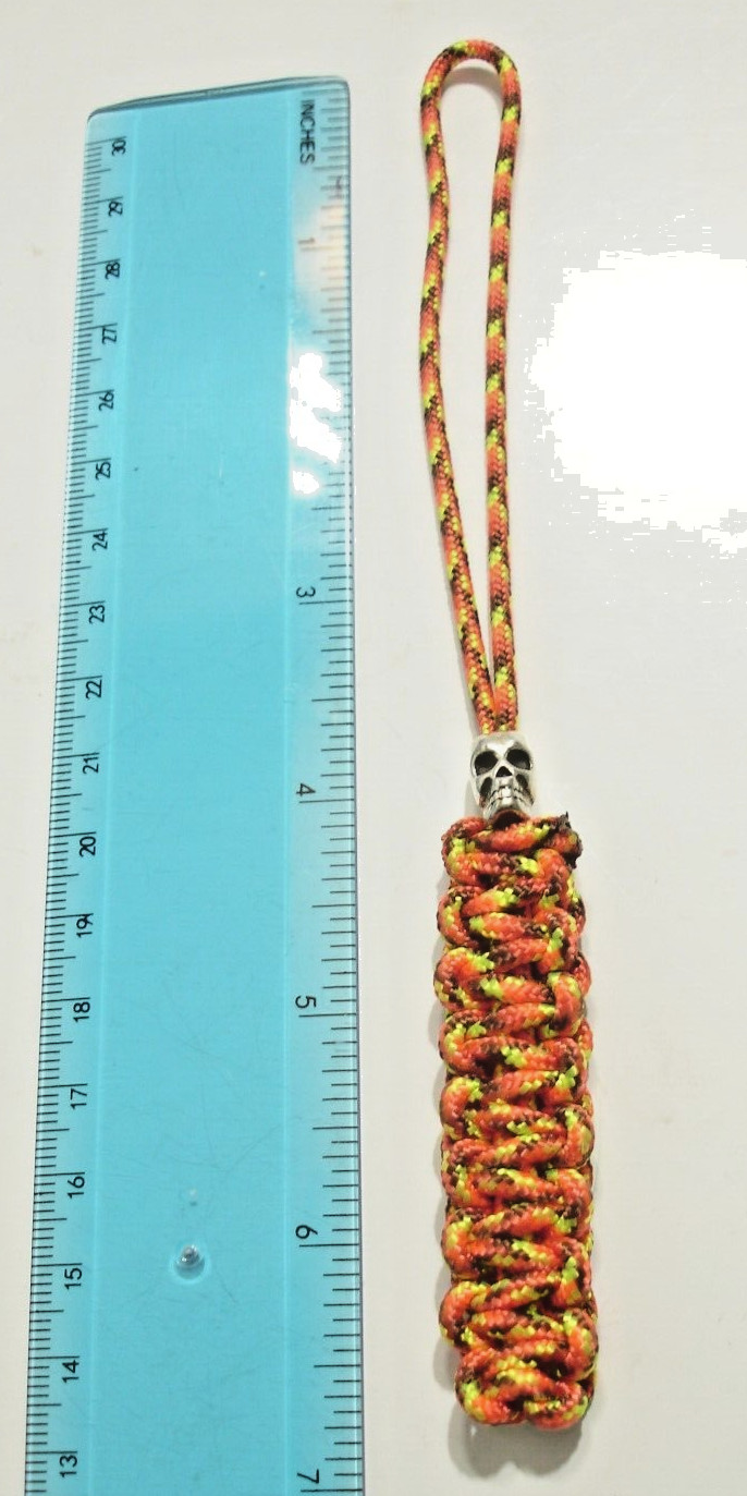 Handmade in USA Paracord Knife Lanyard Keychain “Fire” Color w/ Metal Skull Bead