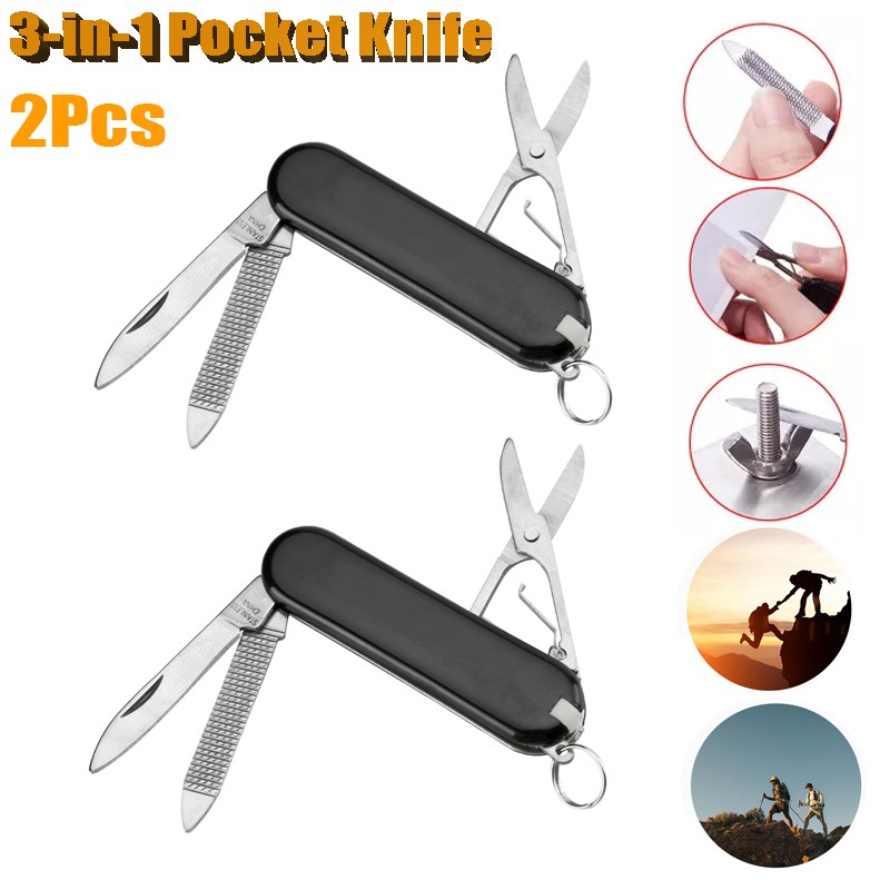2PCS 3in1 Army Knife Mens Pocket Knife Small Foldable Camping Mini Survival Tool