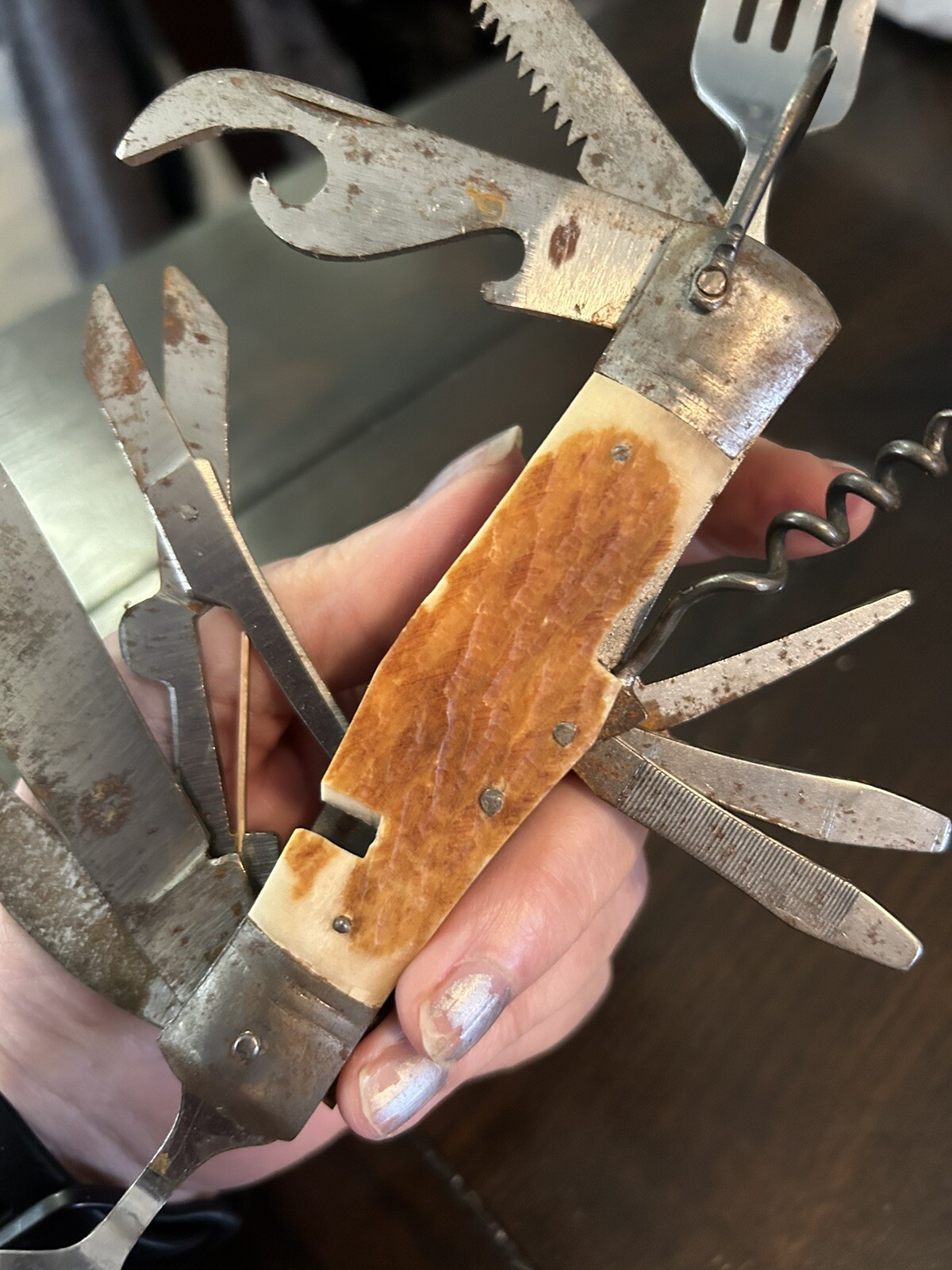 Vintage Pocket Knife 11 Multi Tool Hobo-Camping With Bone Handle